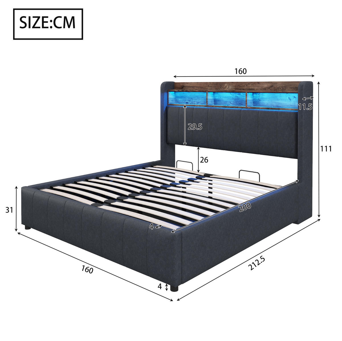 POLSTERBETT mit Stauraum, LED & USB 160x200 cm Grau - Grau, Metall (160/200cm) - Meubliv