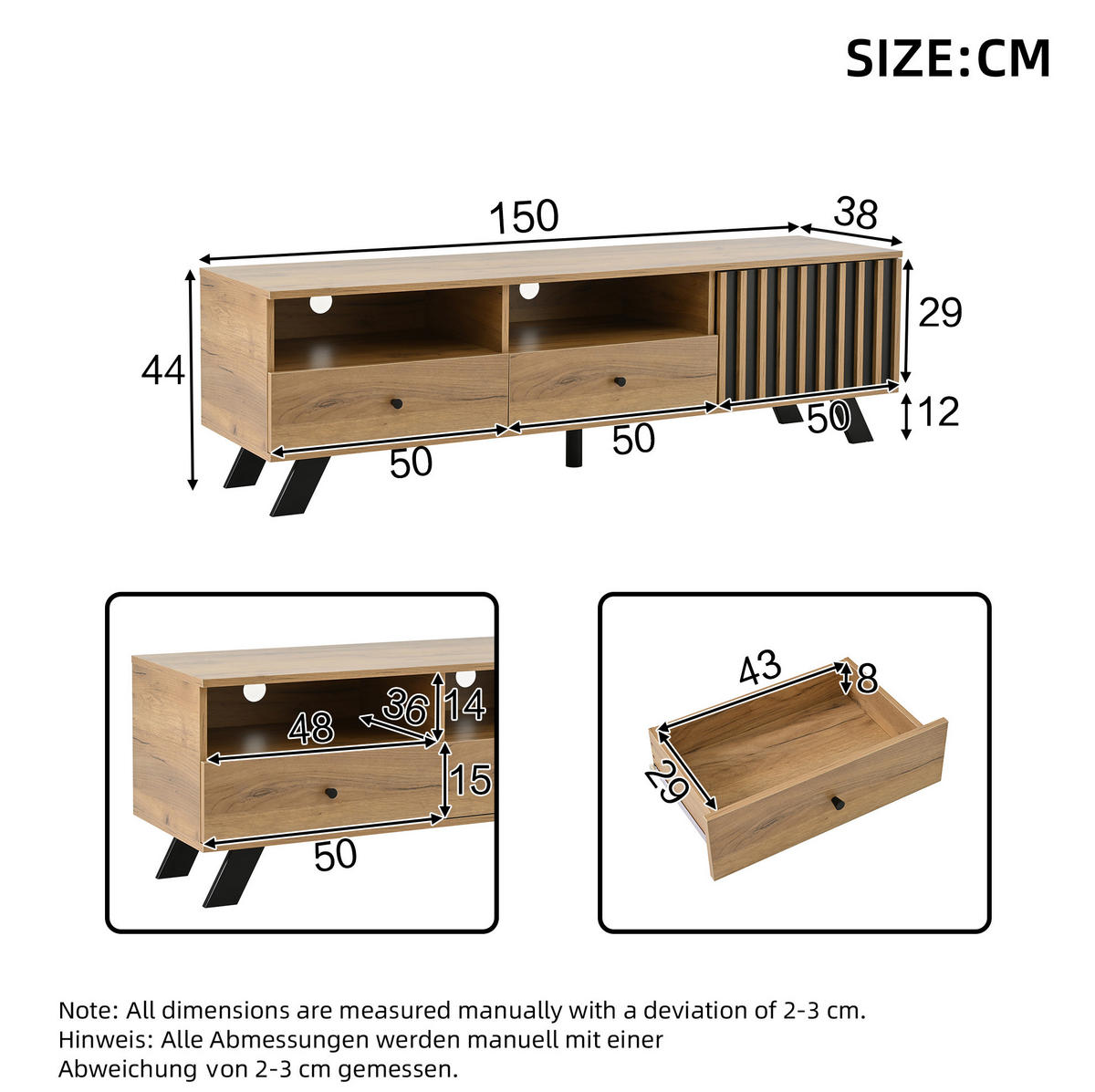 LOWBOARD 150/38/44 cm aus Spanplatte mit 2 Schubladen und Schrankfach Naturfarben/Schwarz - Naturfarben, Holzwerkstoff (150/44/38cm) - Modenvie