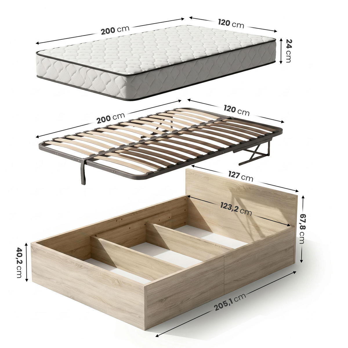 BETT mit Bettkasten 120x200 cm Metalllattenrost und Federkernmatratze Sonoma Eiche - Sonoma Eiche, Holzwerkstoff (120/200cm) - Akord