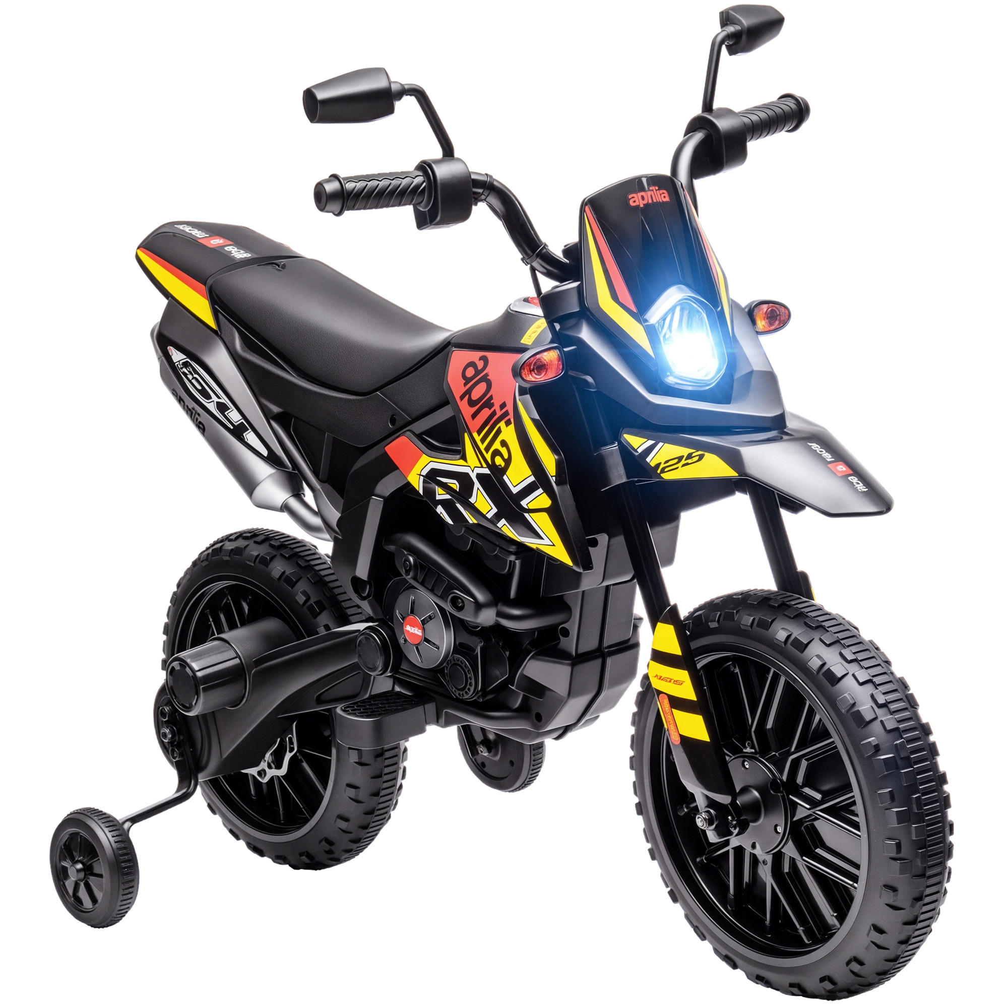KINDER-MOTORRAD DE-06219 12V Aprilia lizenziert mit Stützrädern und Musik Gelb - Gelb, Kunststoff/Metall (106.5/56/80cm) - ComfortXL