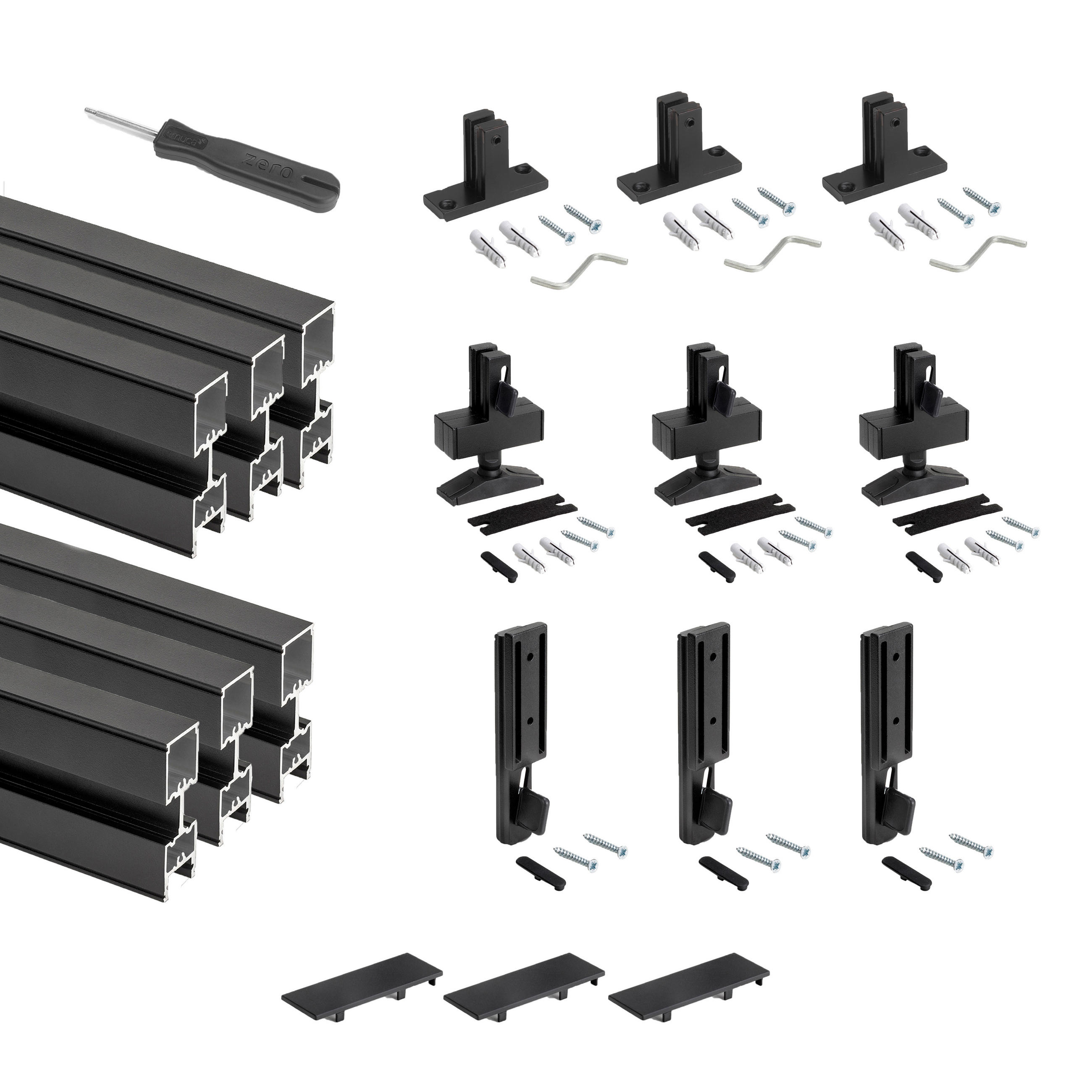 RAHMEN Zero, mit Beschlägen und Profilen für Boden- und Wandmontage mit rechteckiger Nivellierung, Aluminium und Zamak, Schwarz strukturiert 3er-set - Schwarz, Metall (2.2/217/28.5cm) - EMUCA