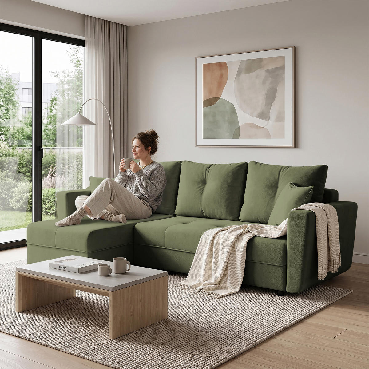 ECKSCHLAFSOFA Verona mit Bettkasten und universeller Ottomane 240 cm, Olivgrün - Olivgrün, Textil (240/148cm) - Beautysofa