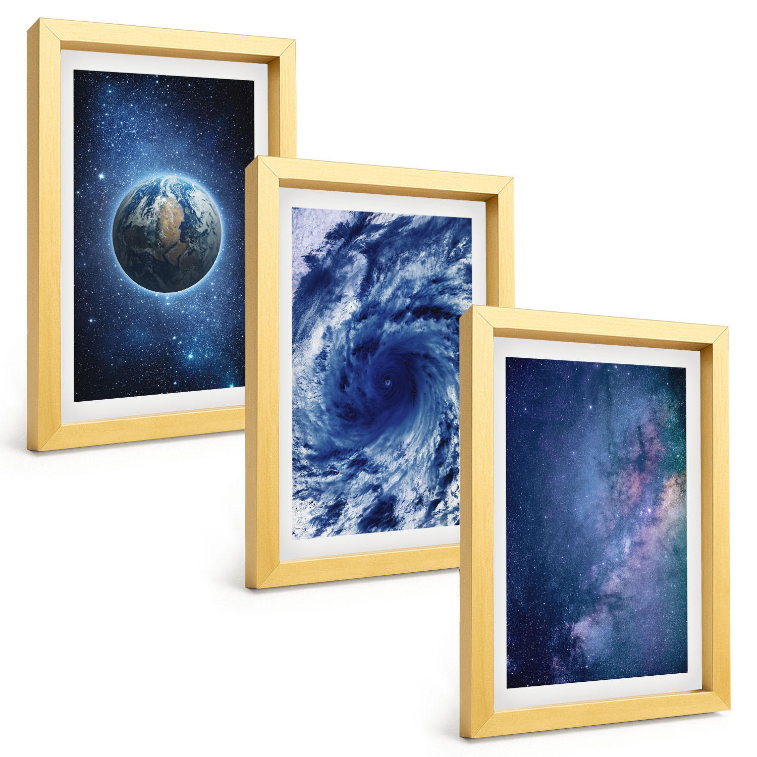 BILDER SET 3er Set - 20x30 cm Goldrahmen - Erde Weltraumsturm Galaxie - Goldfarben, Kunststoff (20/30cm) - TULUP