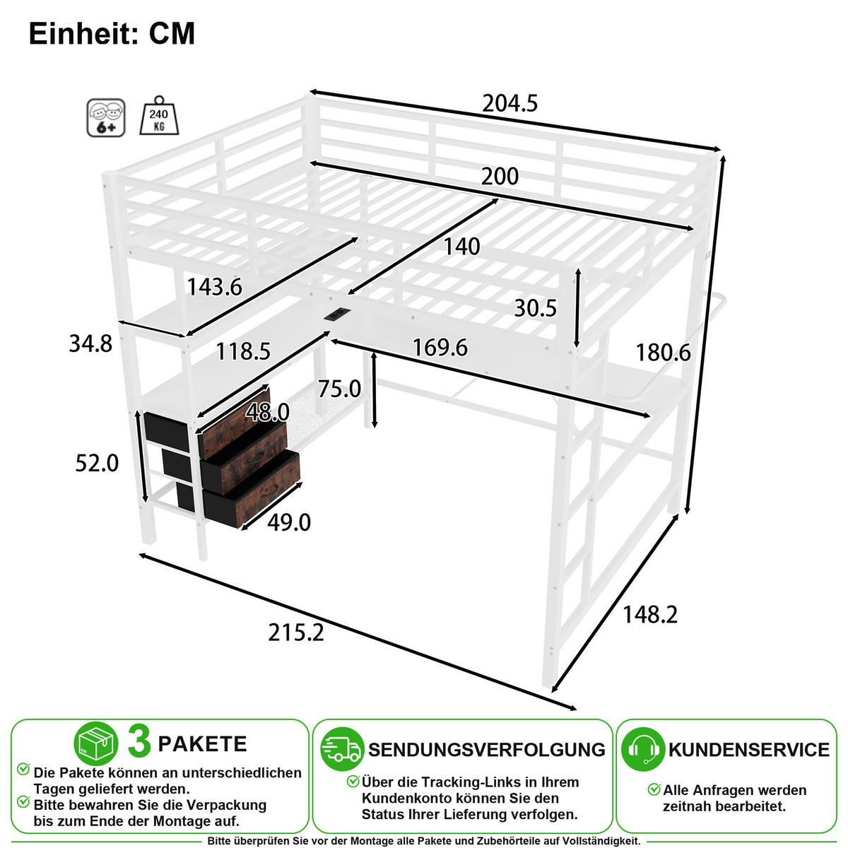 VYSOKÁ POSTEL 140/200 cm v bílé barvě s LED, psacím stolem a 3 zásuvkami - bílá, kov/kompozitní dřevo (140/200cm) - CHICFURN