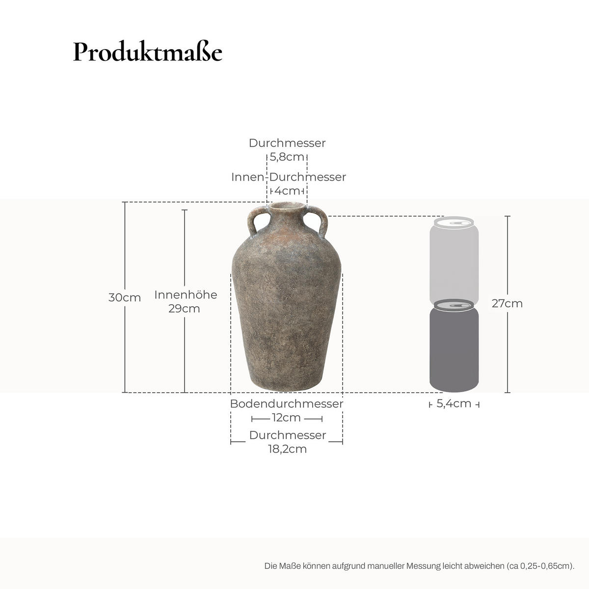 TERRAKOTTA-VASE mit Doppelhenkeln 18/30cm, Grau - Grau, Keramik (30cm) - Hometopia