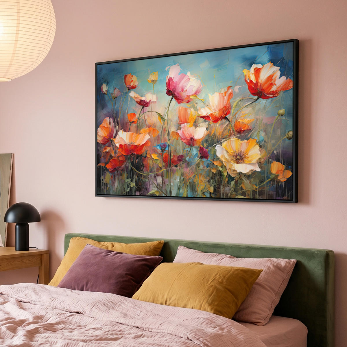 LEINWAND Bilder mit Rahmen - Blumen - Aquarell - Kunst - Botanisch - Natur - 120x80 - Orange, Textil (120/80cm) - MuchoWow