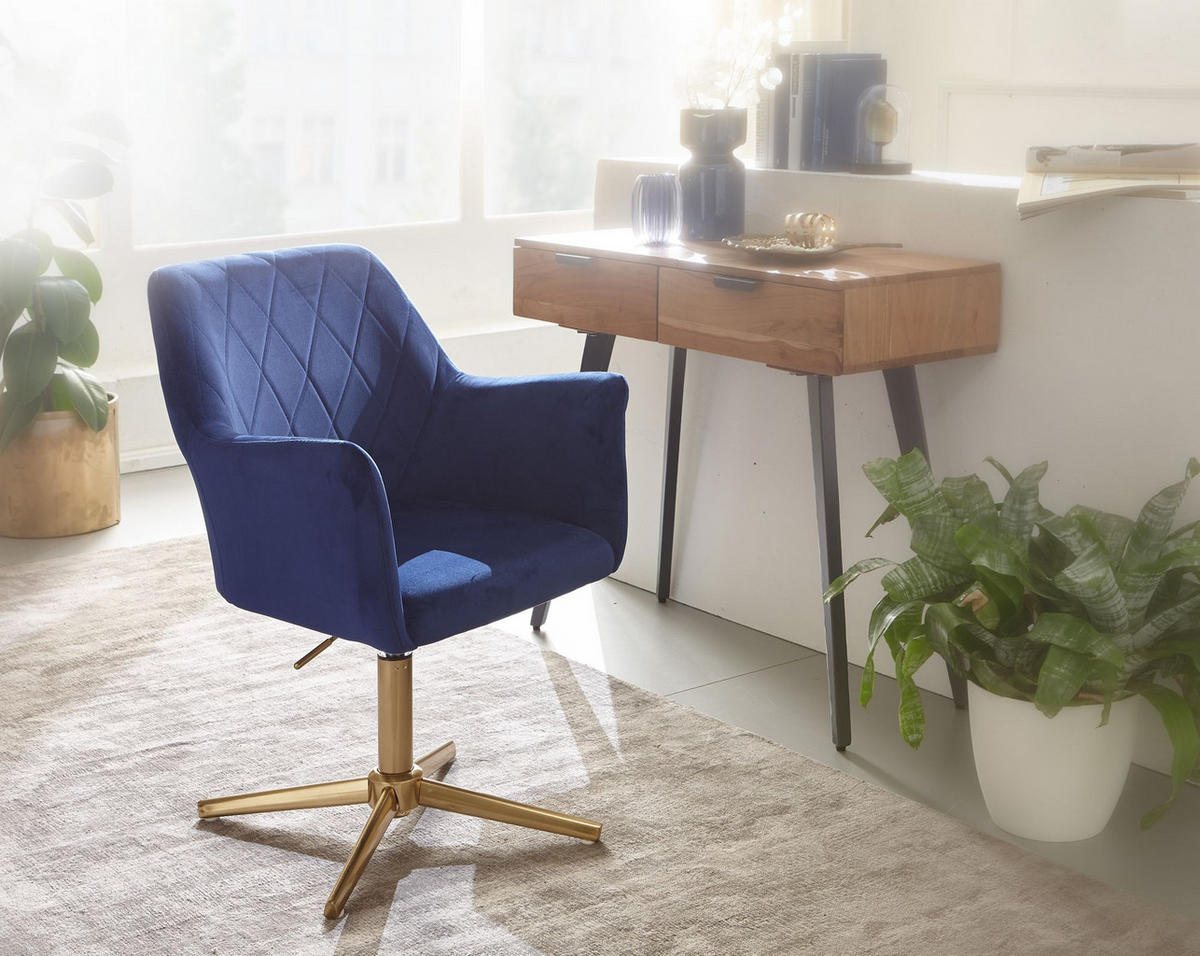 DREHSTUHL Samt mit Armlehnen Eisengestell 360° Funktion, Blau 97x55x55 cm - Blau/Goldfarben, Textil/Metall (97/55/55cm) - KADIMA DESIGN