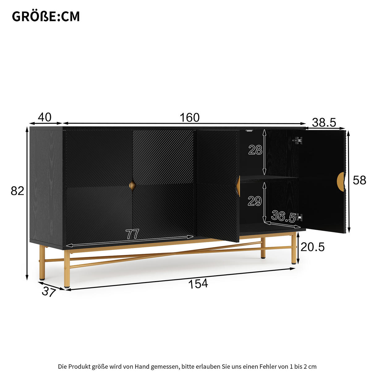 SIDEBOARD 160/40/82 cm Schwarz aus MDF und Spanplatte mit 4 Türen, Soft-Close und Goldakzenten - Schwarz, Holzwerkstoff (40/82/160cm) - OKWISH