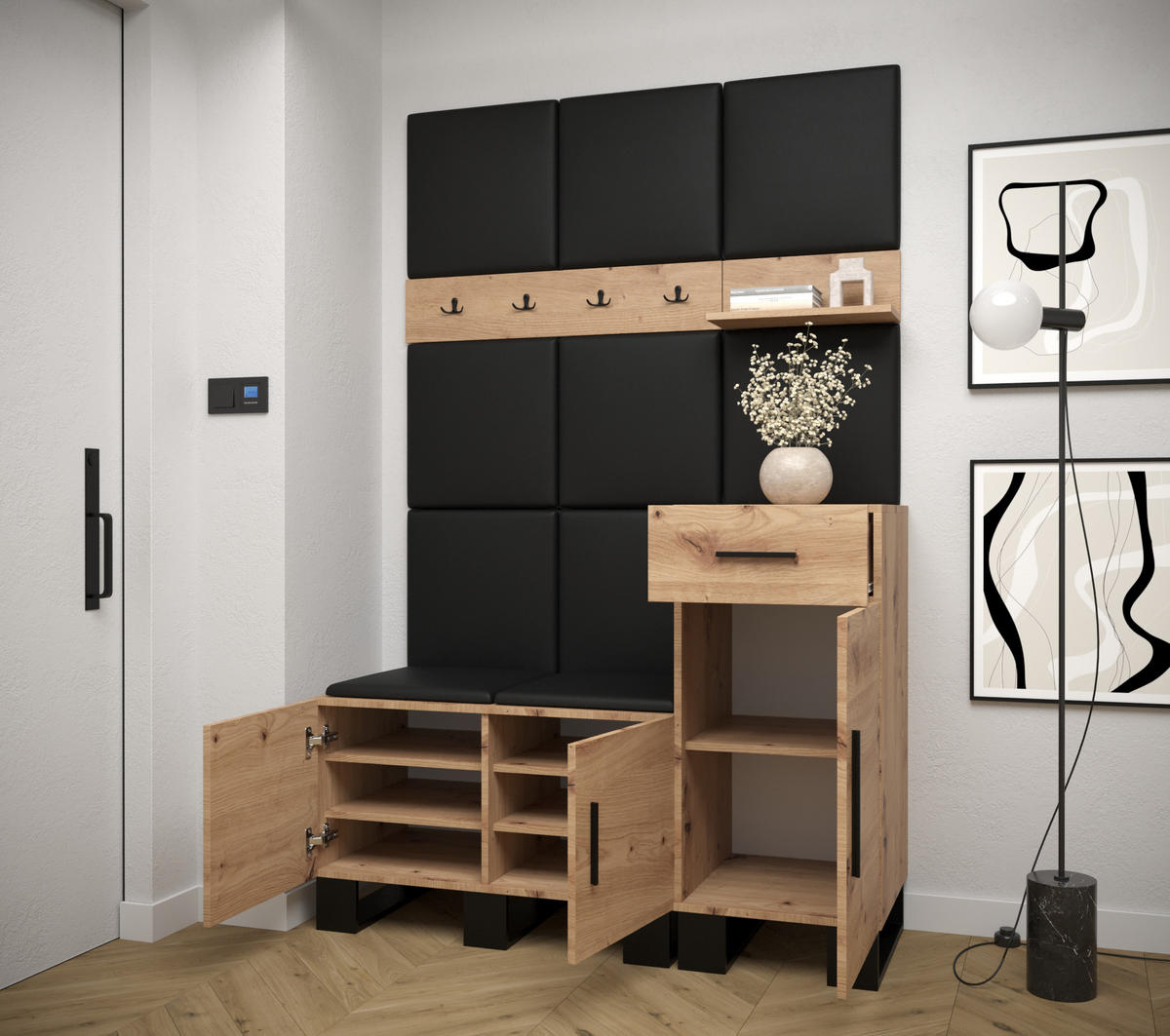 GARDEROBEN-SET 196/126/45,6 - Schwarz/Eiche Artisan, Holz/Kunststoff (126/196/45.6cm) - Abiks Möbel