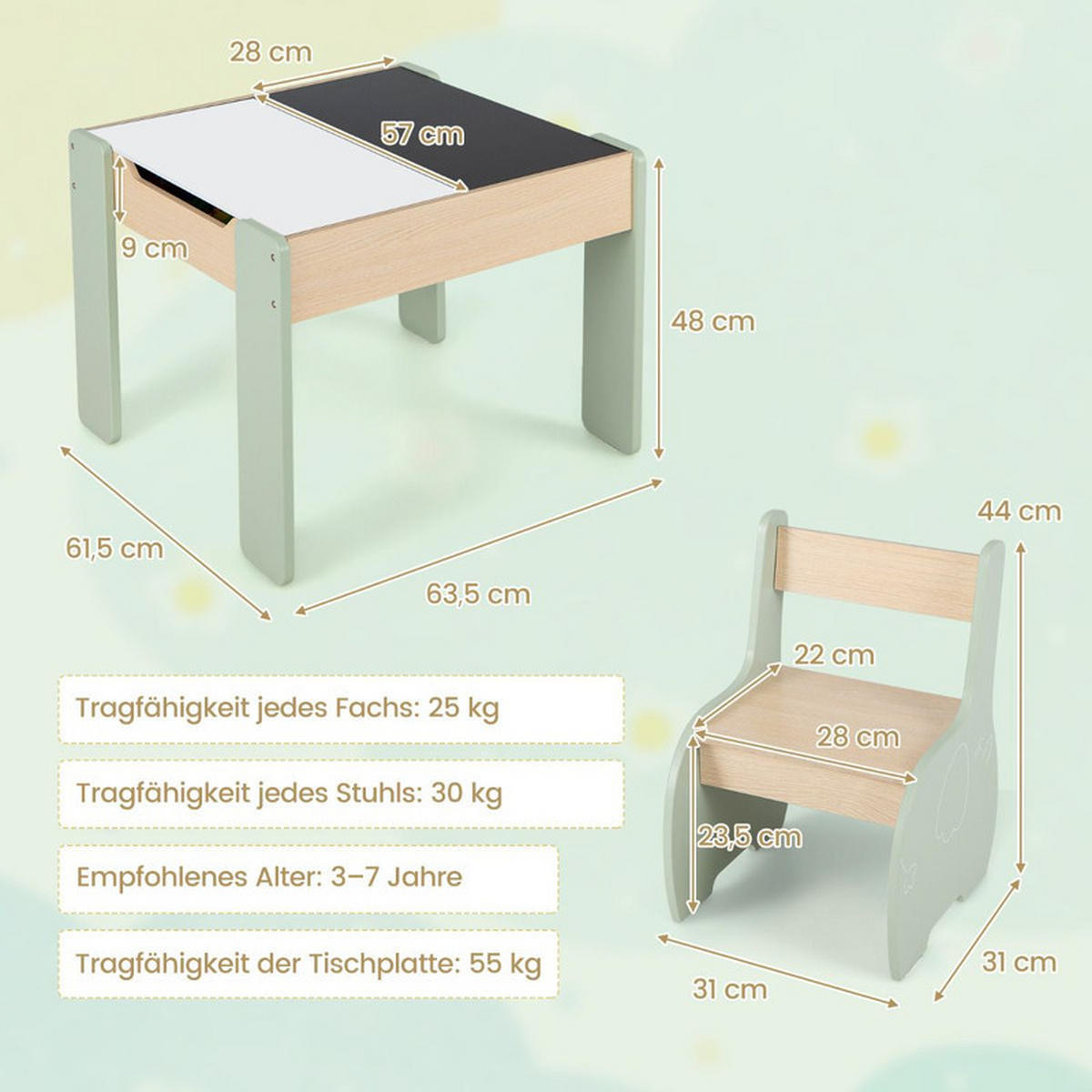 KINDERTISCH mit Stuhl grün(3-tlg) - Grün, Holzwerkstoff (63.5/48/61.5cm) - COSTWAY