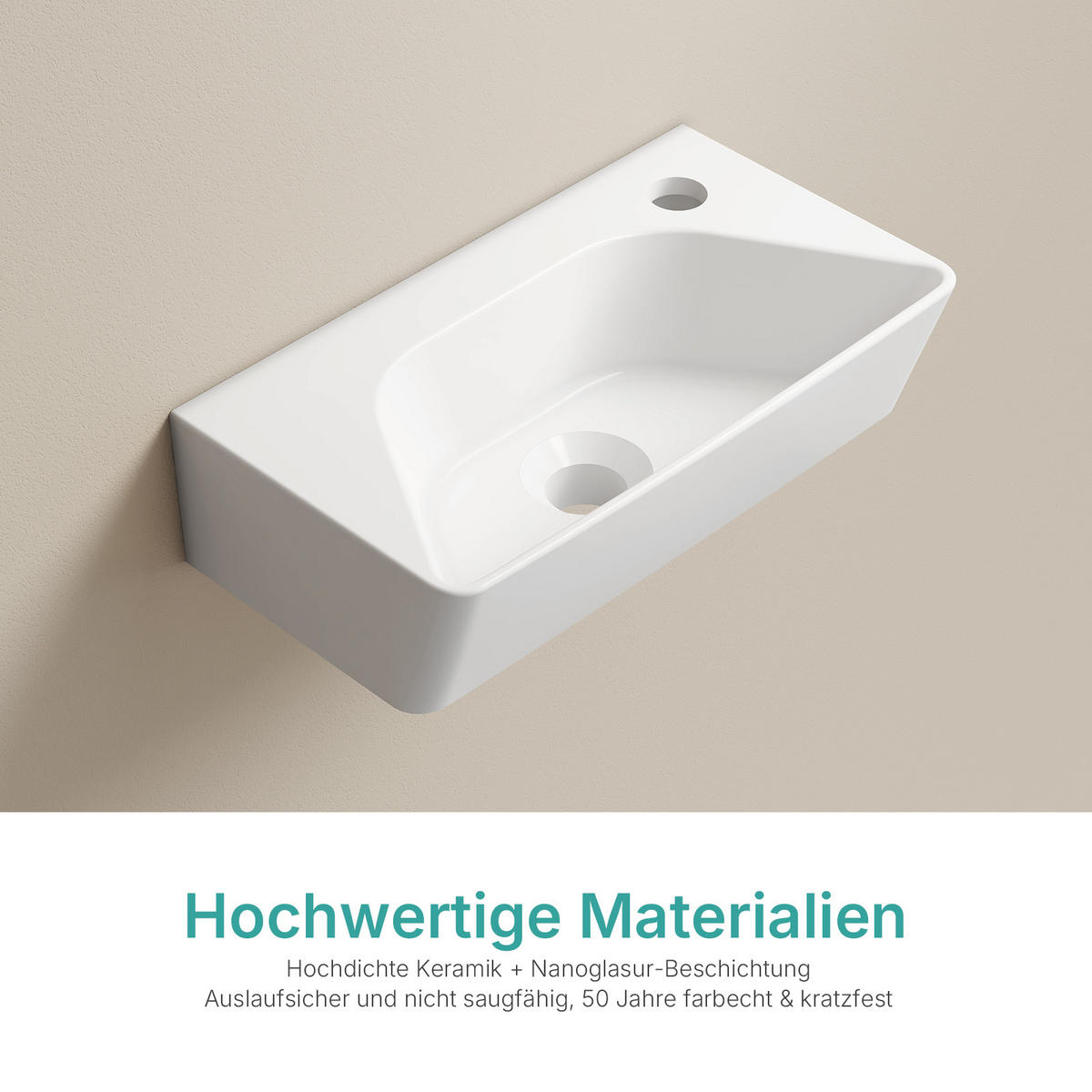 HANDWASCHBECKEN Rechts-Wasserhahnloch 40 / 22,5 / 13 cm - Weiß, Keramik (40/13/22.5cm) - EMKE