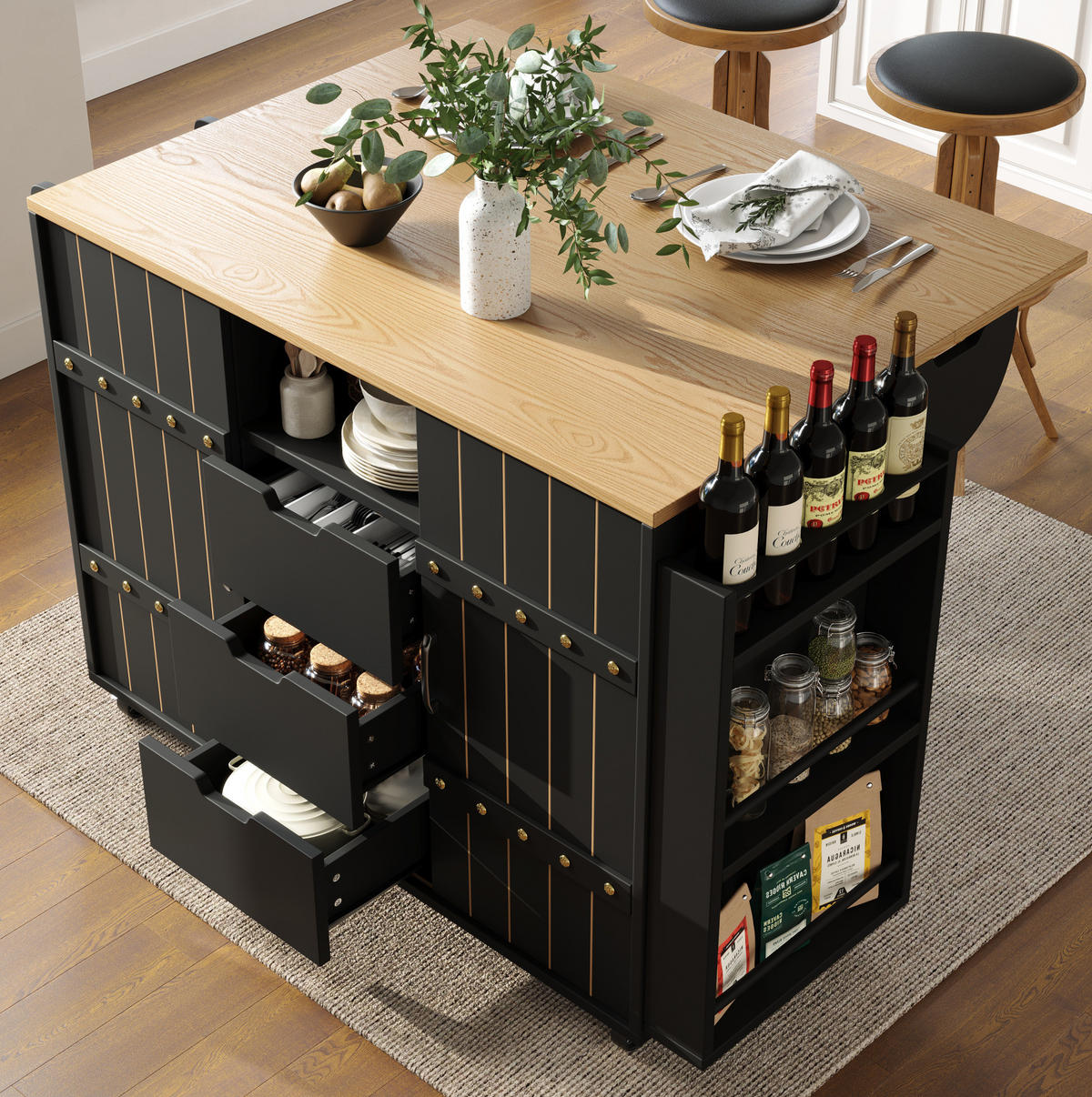 KÜCHENINSEL 110/42/90 cm aus MDF mit klappbarer Tischplatte und Schiebetüren Schwarz - Schwarz, Holzwerkstoff (110/90/42cm) - Modenvie