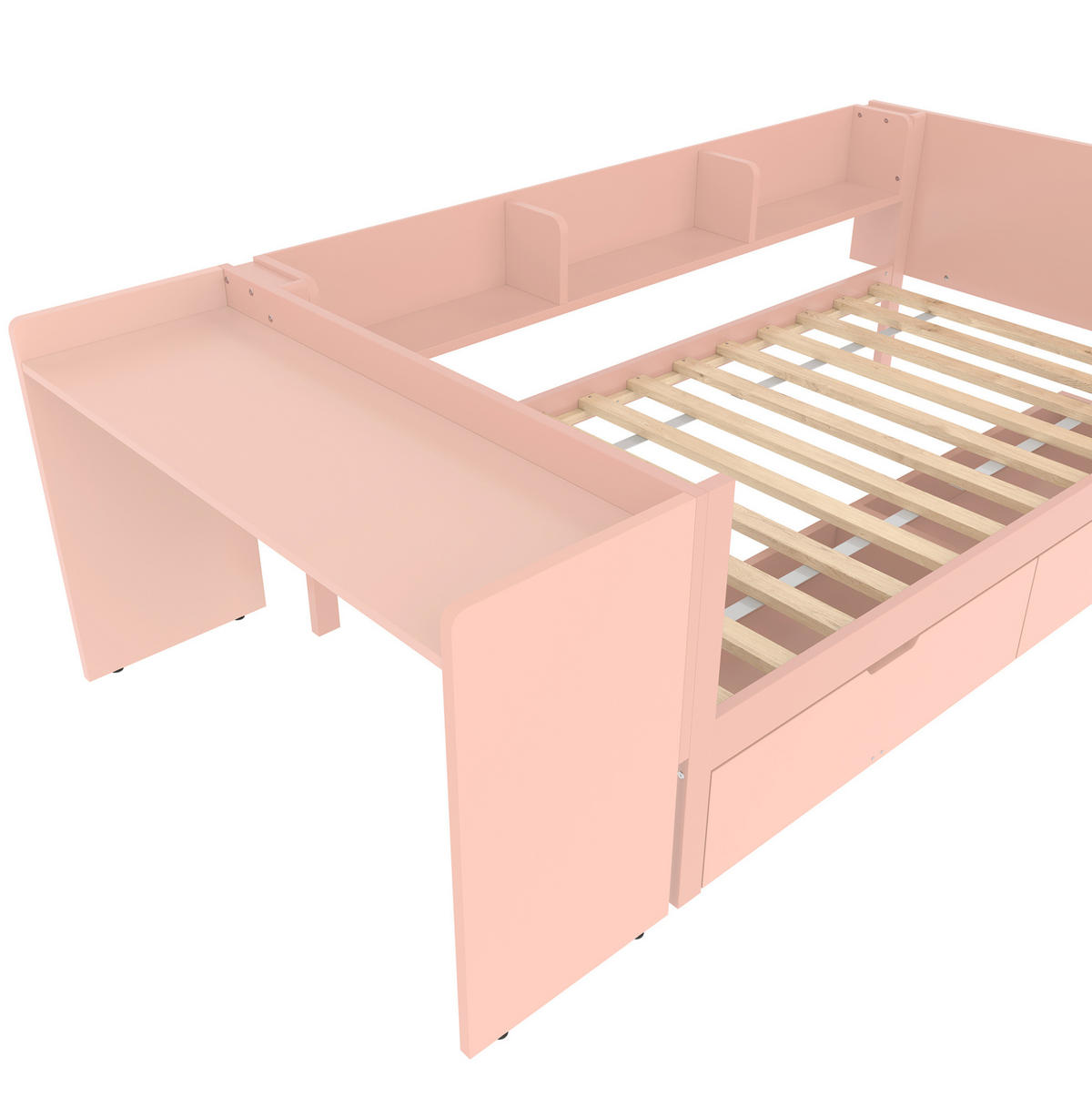RAHMENBETT 90/200 cm in Rosa mit Schreibtisch, 2 Schubladen und Regalen - Rosa, Holz (90/200cm) - Flora Grace