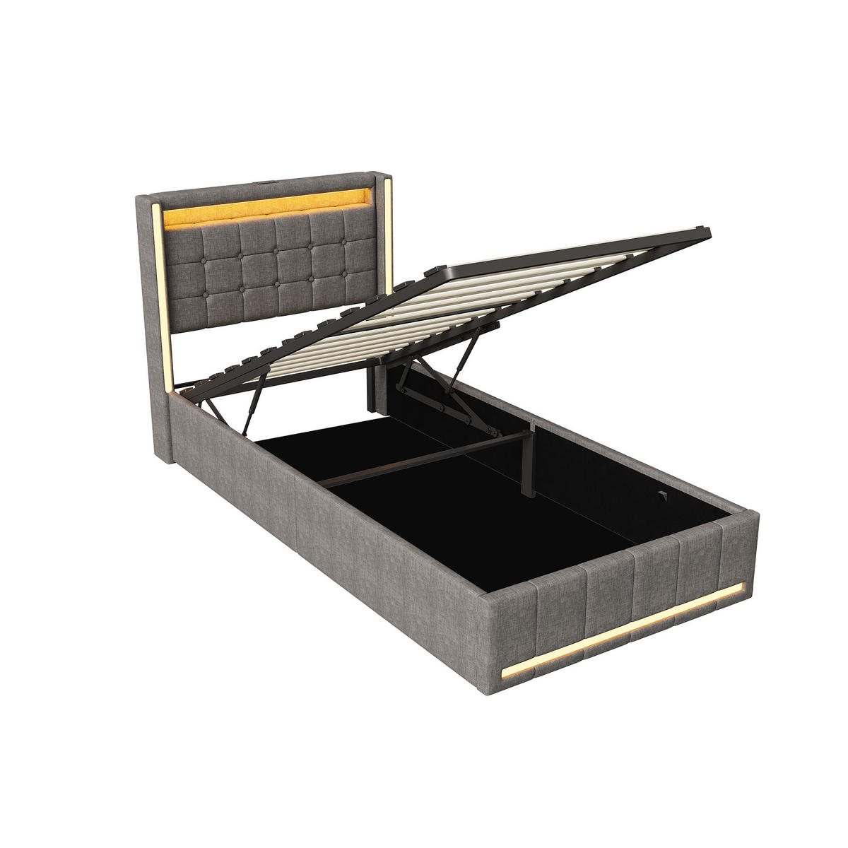 POLSTERBETT 90x200 cm Grau mit LED, Stauraum, USB-C & hydraulischem Lattenrost - Grau, Holz (90/200cm)
