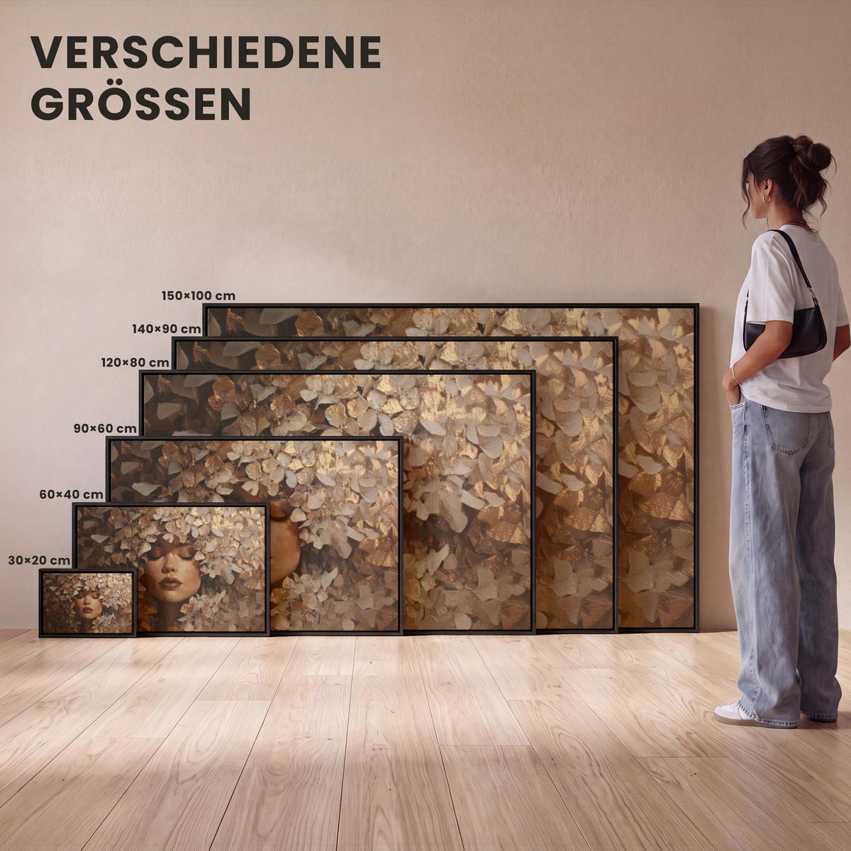 LEINWAND Bilder mit Rahmen - Gesicht - Dame - Blätter - Pinselstriche - 90x60 - Goldfarben, Textil (90/60cm) - MuchoWow