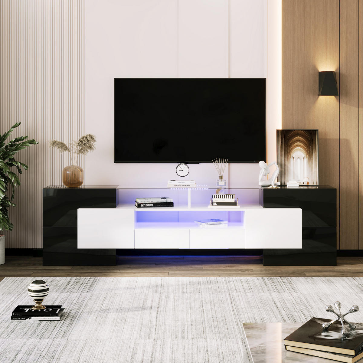 TV-LOWBOARD 200/35/60 cm mit 4 Türen, 2 Schubladen und LED-Beleuchtung - Schwarz, Holzwerkstoff (200/60/35cm) - BEAOK
