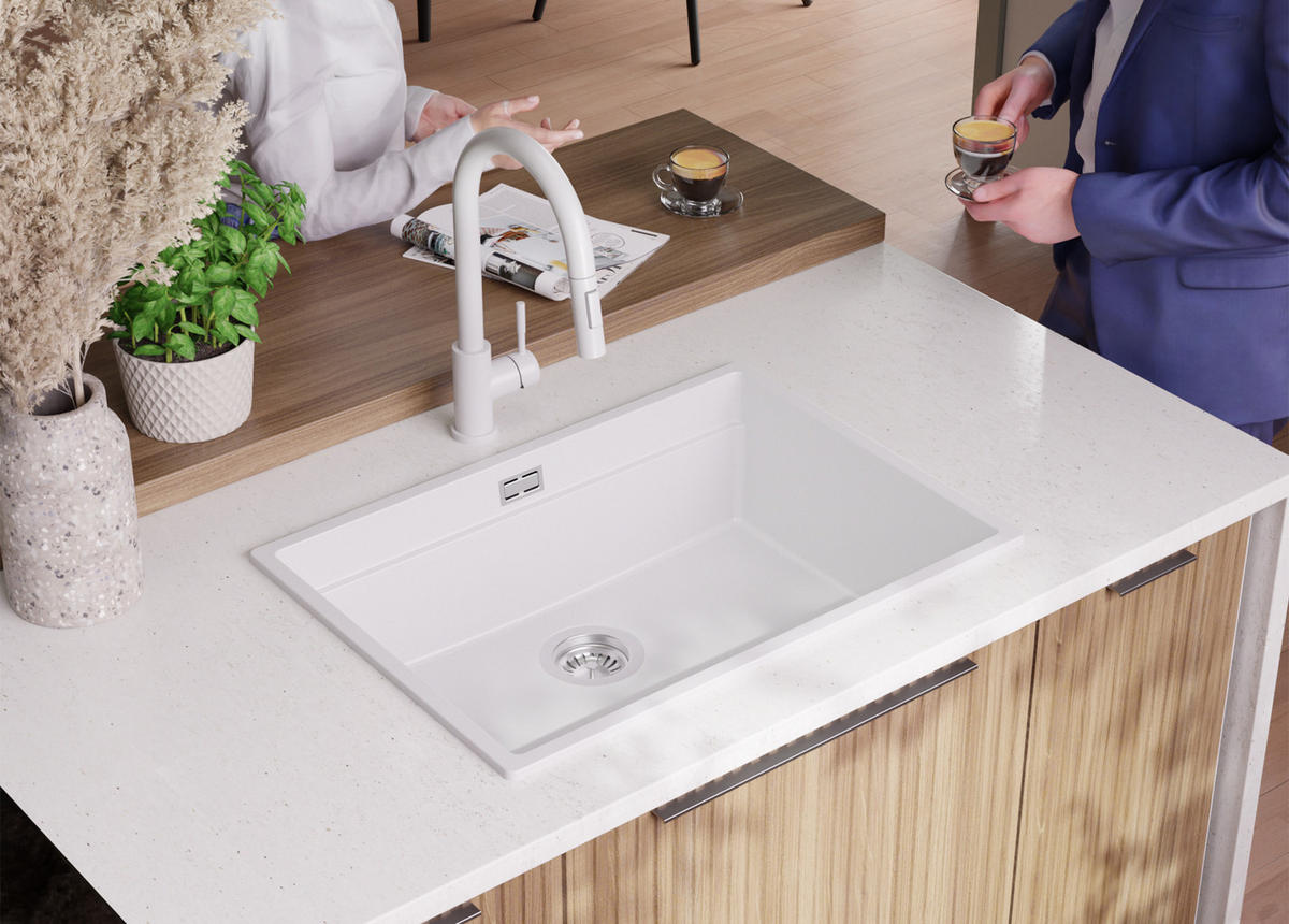 GRANITSPÜLE Praga Slim, 2-er set Weiß 66/47 cm 1 Becken + Küchenarmatur 40/20 cm + Ablauf-Set + Aufrollbare Abtropffläche ab 70er Unterschrank - Chromfarben/Weiß, Kunststoff (66/20/47cm) - Primagran