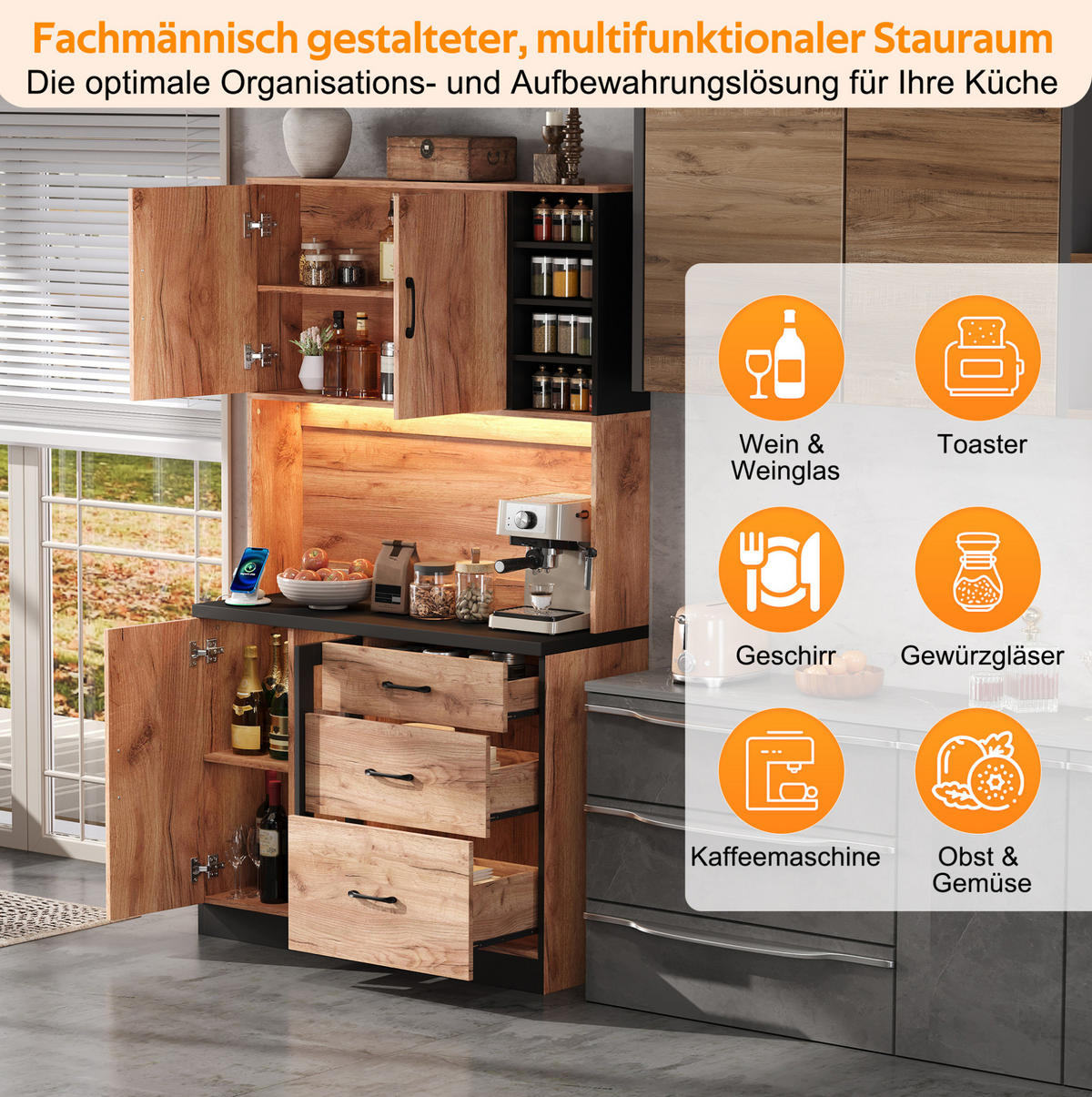 BUFFET 105/40/180 cm neutral aus MDF mit LED und Steckdose - Naturfarben, Holzwerkstoff (105/180/40cm) - OKWISH
