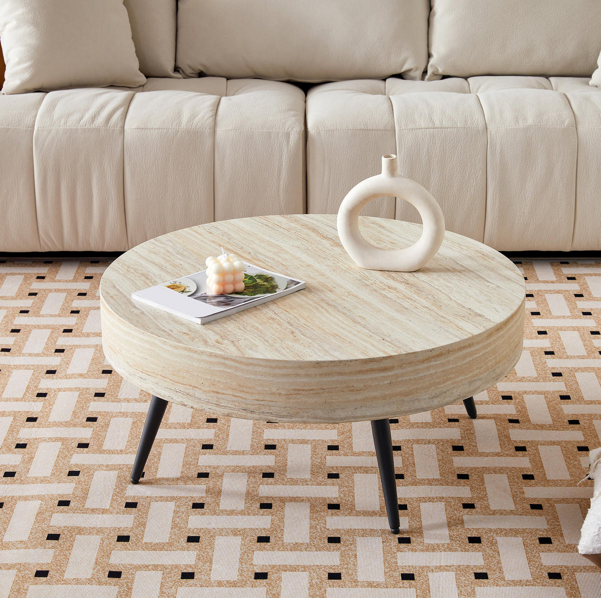 COUCHTISCH 70/70/35,5 cm aus MDF mit Travertin-Optik und Metallgestell, runde Form, Schwarz/Holzfarben - Schwarz, Holzwerkstoff (70/70/35.5cm) - Redom