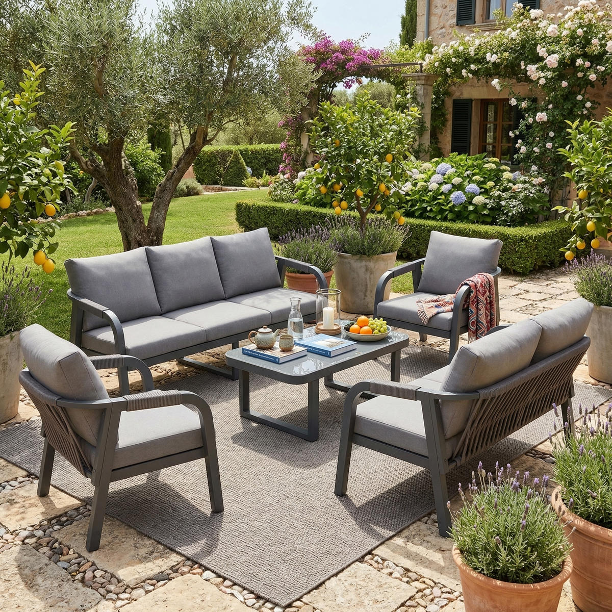 GARTENLOUNGE-SET 7 Personen 3-Sitzer 2-Sitzer Sessel Grau - Grau, Textil - FLIEKS