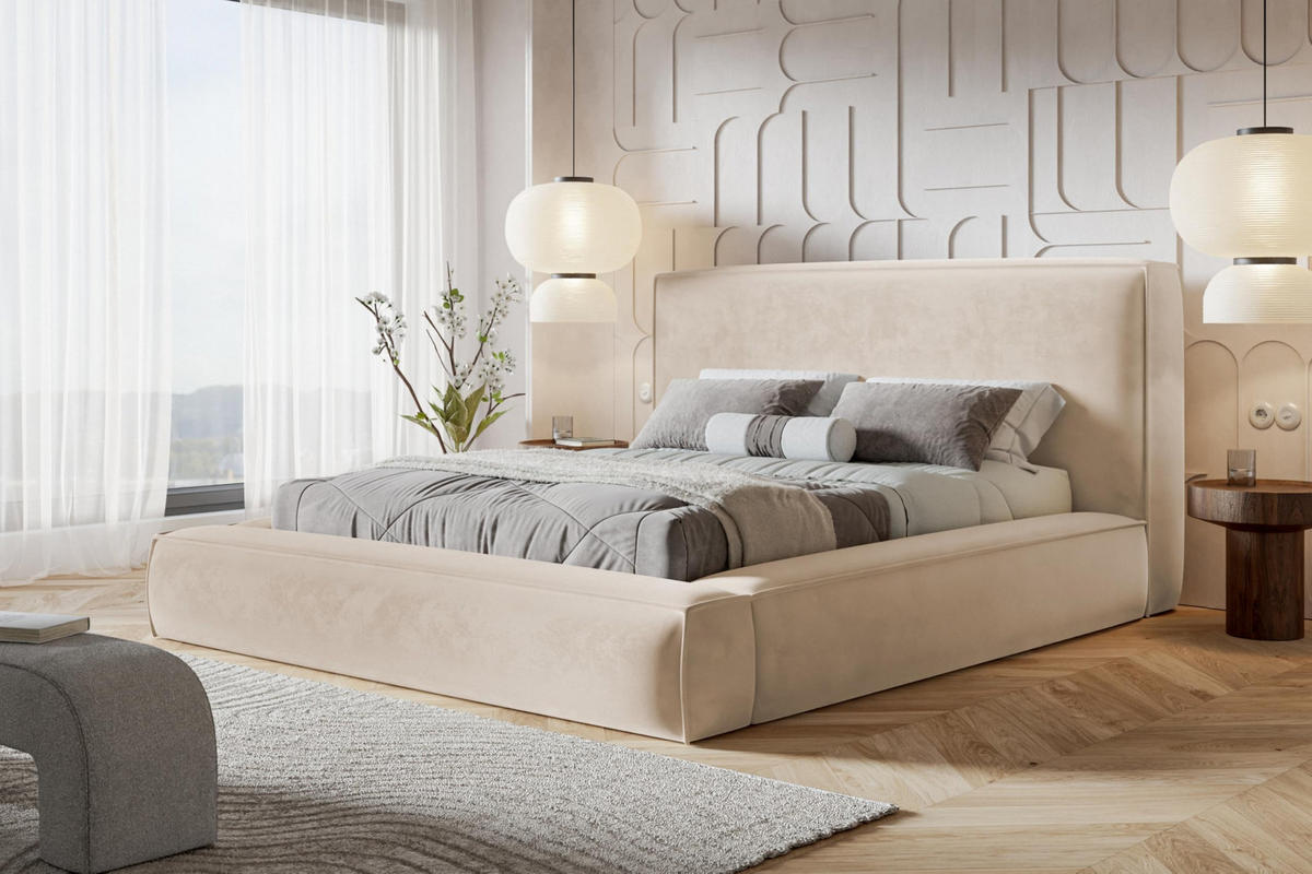 BETT 180x200 - Polsterbett mit Bettkasten und Holzrahmen - Modern Bett - Eleganter Amor-Velvet-Stoff - Kollektion Luna Maxi - Beige - Beige, Holz/Textil (180/200cm) - Alpi-Möbel