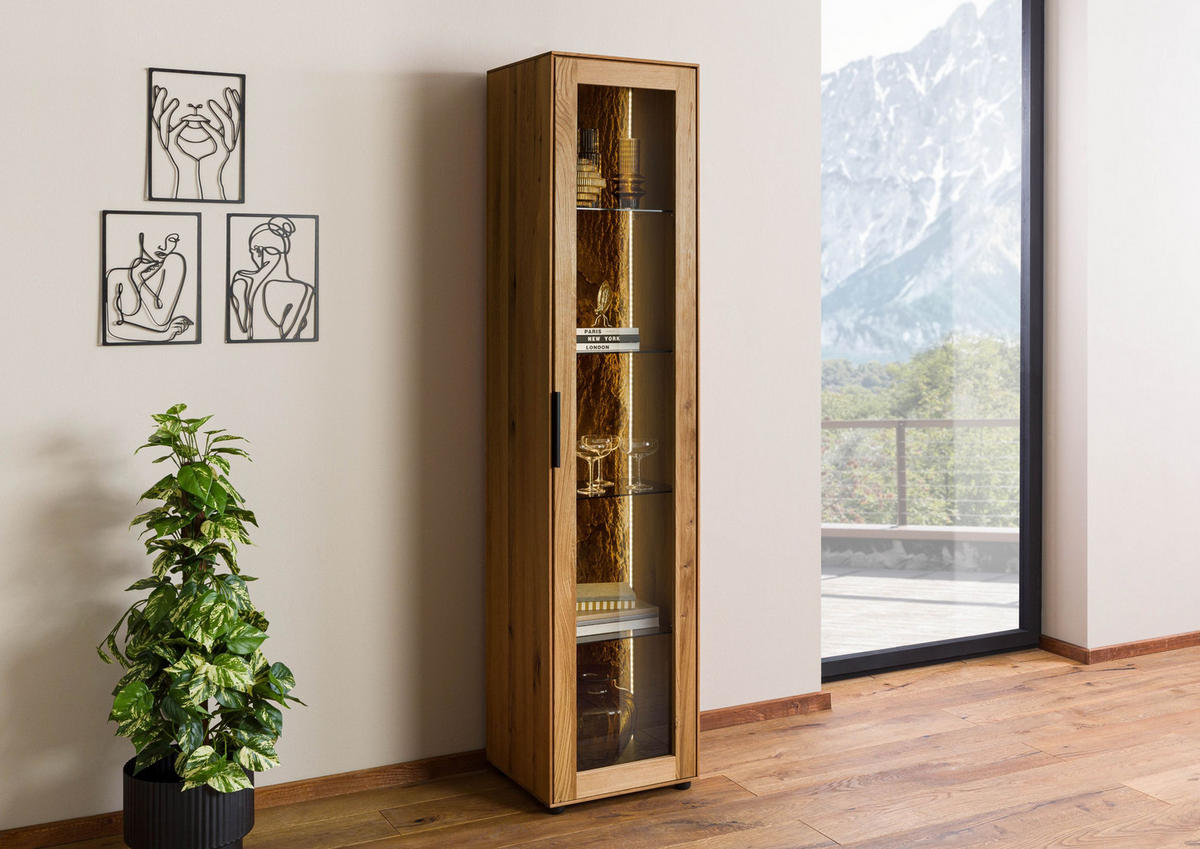 VITRINE Wildeiche 46x43x203 natur geölt LINDAU #20 - Braun, Holz (46/203/43cm) - Massivmoebel24