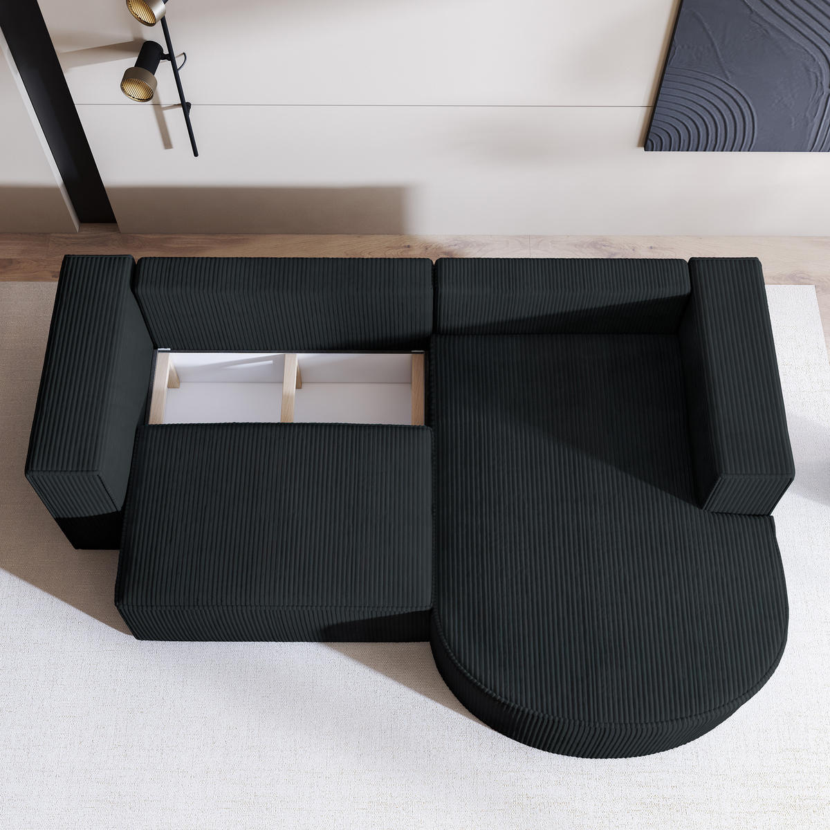 ECKSOFA SORELA P R-S Schwarz Kordstoff mit Schlaffunktion - Schwarz, Holz (263/174cm) - MASSENO