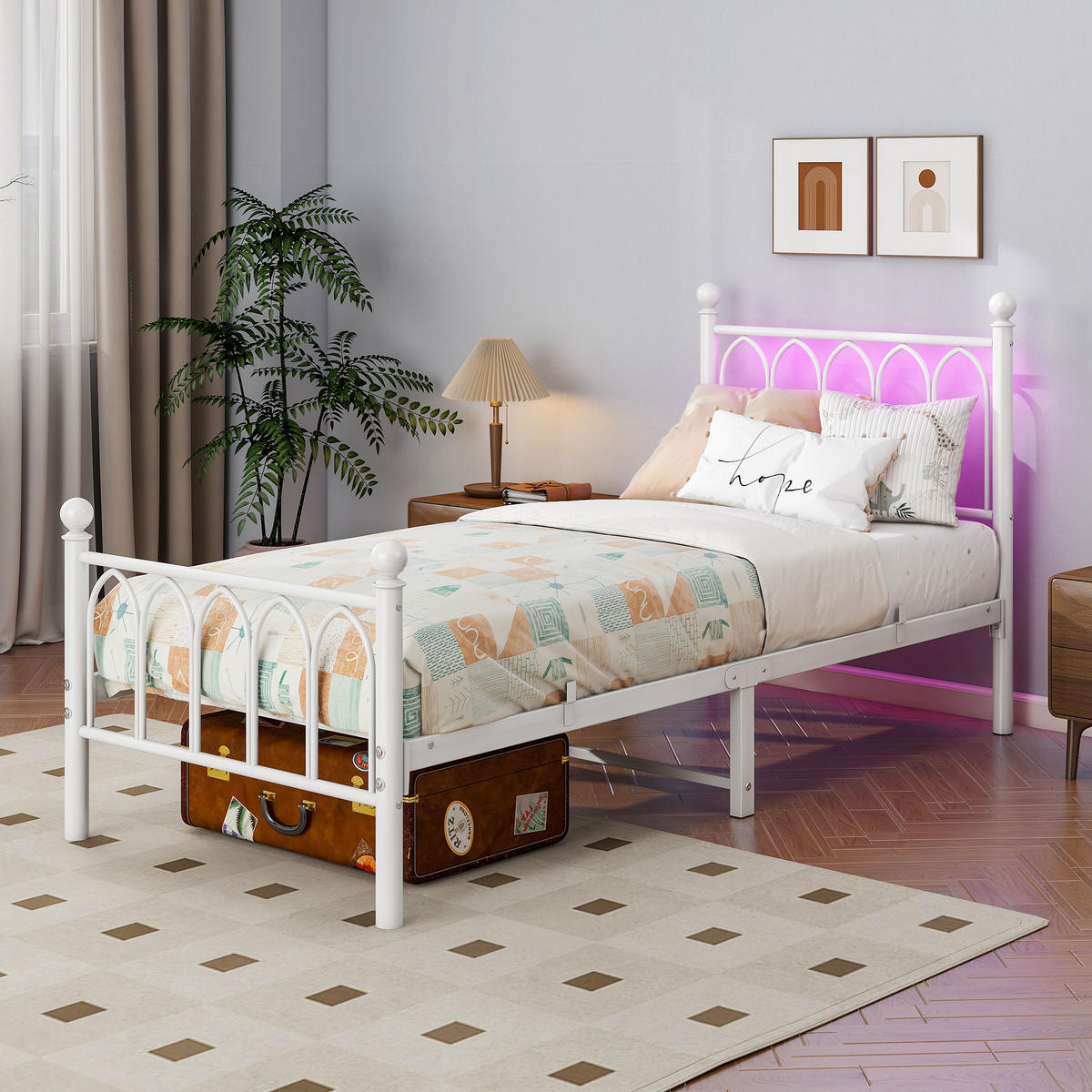 METALLBETT 90x200 cm LED USB Vintage weiß - Weiß, Metall (90/200cm) - LEBENLANG