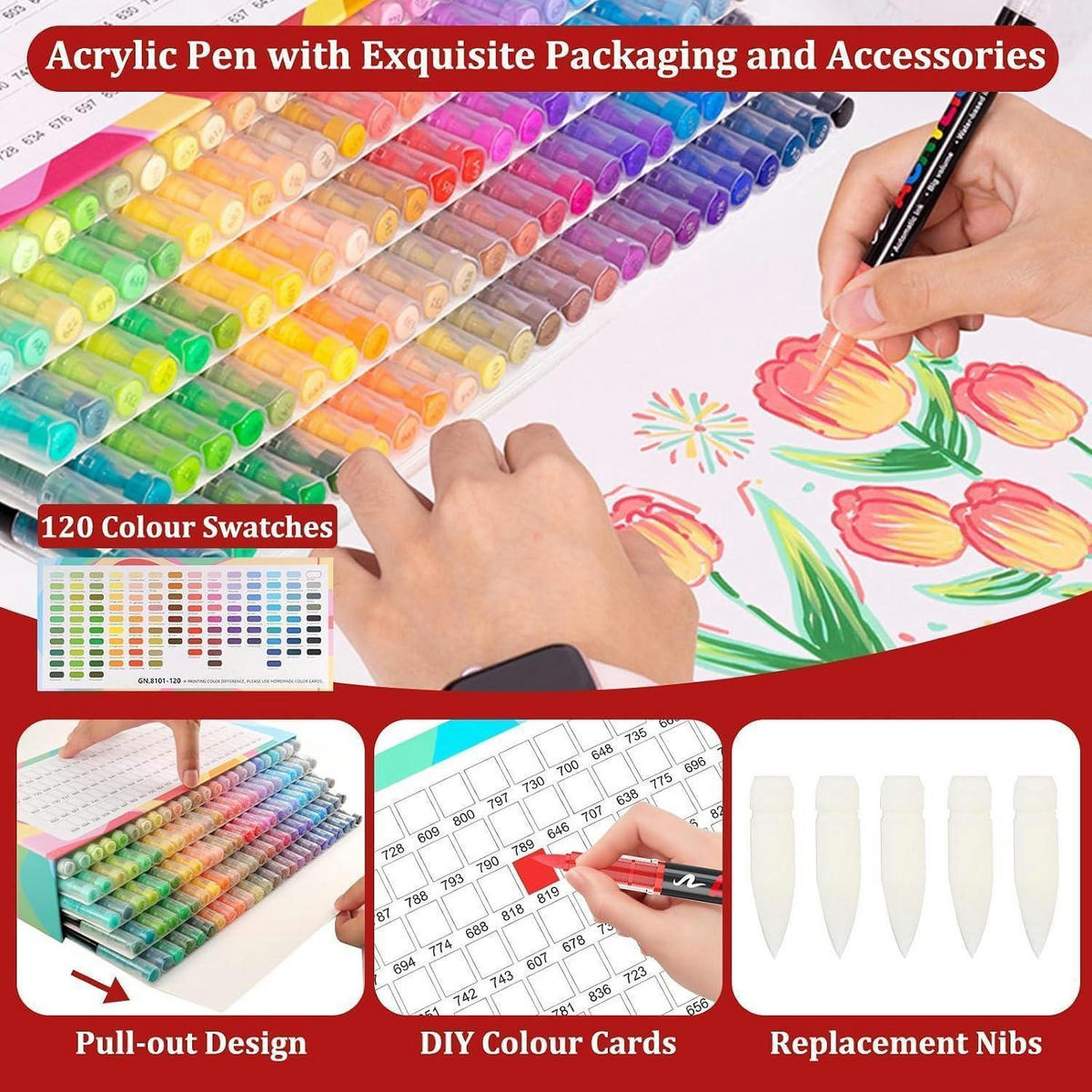 ACRYLSTIFTE Set 120 Farben mit flexibler Pinselspitze - Multicolor, Kunststoff (14/7/30cm)