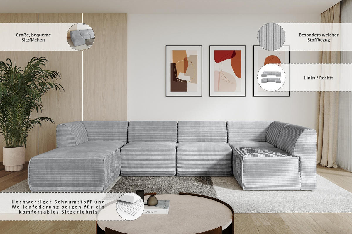 WOHNLANDSCHAFT Ottomane Links MOVA 345x180x78 Grau Cord - Schwarz/Alufarben, Holzwerkstoff/Kunststoff (180/78/345cm) - ALTDECOR