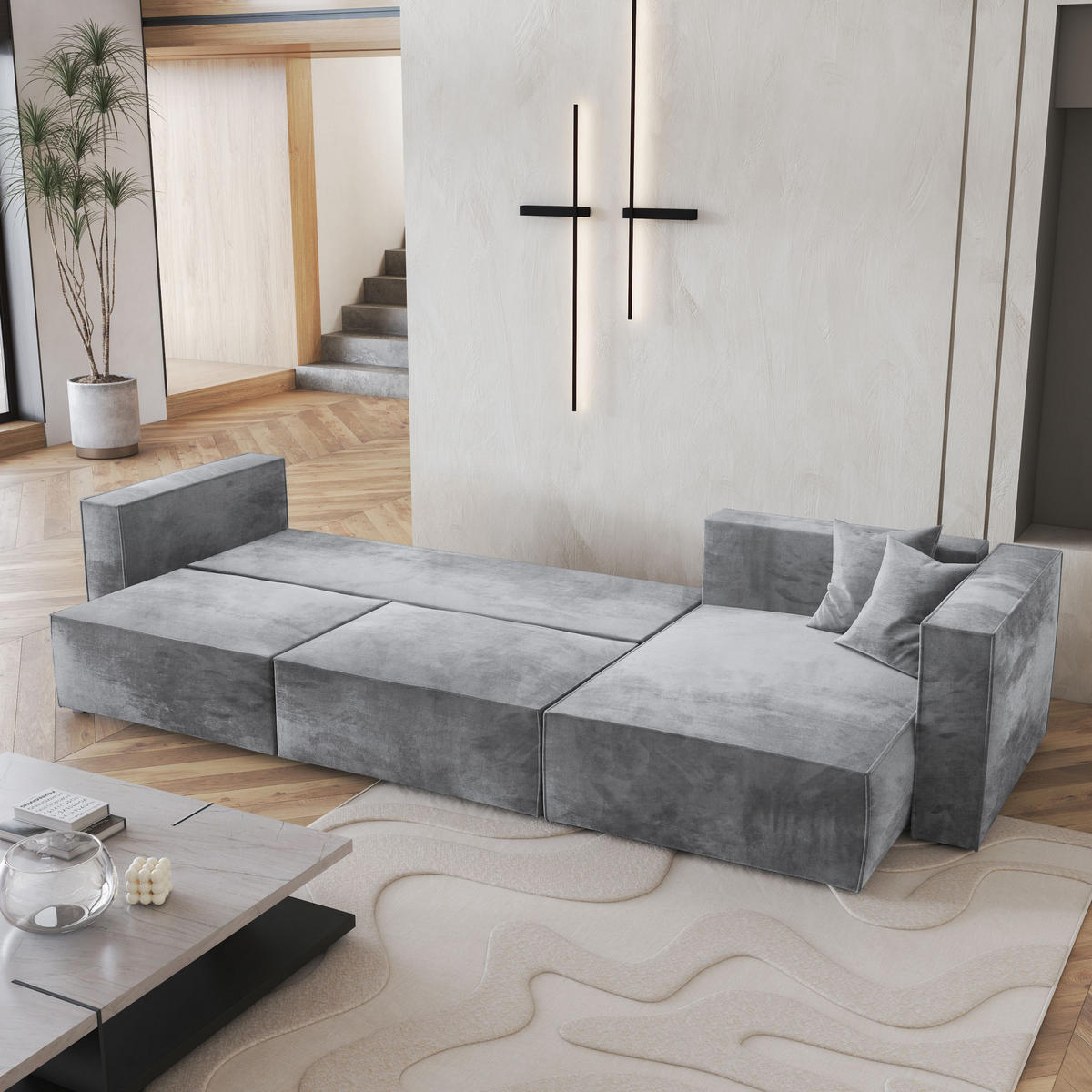 ECKSOFA TOLMO M Hellgrau Velours-Stoff mit Schlaffunktion - Hellgrau, Holz (347/148cm) - MASSENO