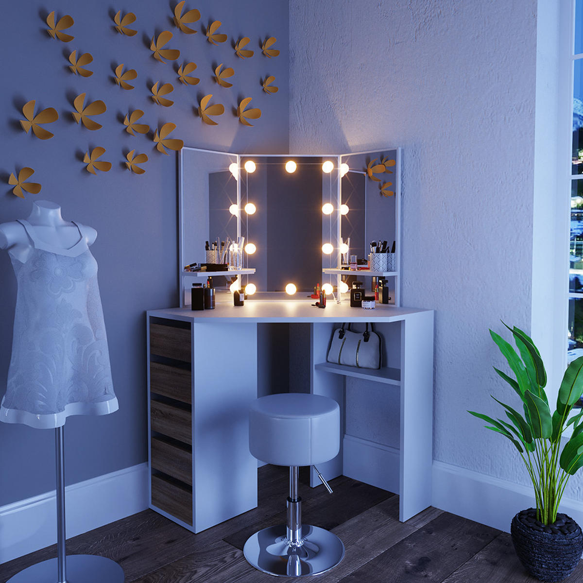 ECKSCHMINKTISCH Arielle Weiß/Sonoma 110 cm mit LED Beleuchtung und Hocker - Weiß/Sonoma Eiche, Holzwerkstoff (110/141.5/54cm) - Vicco