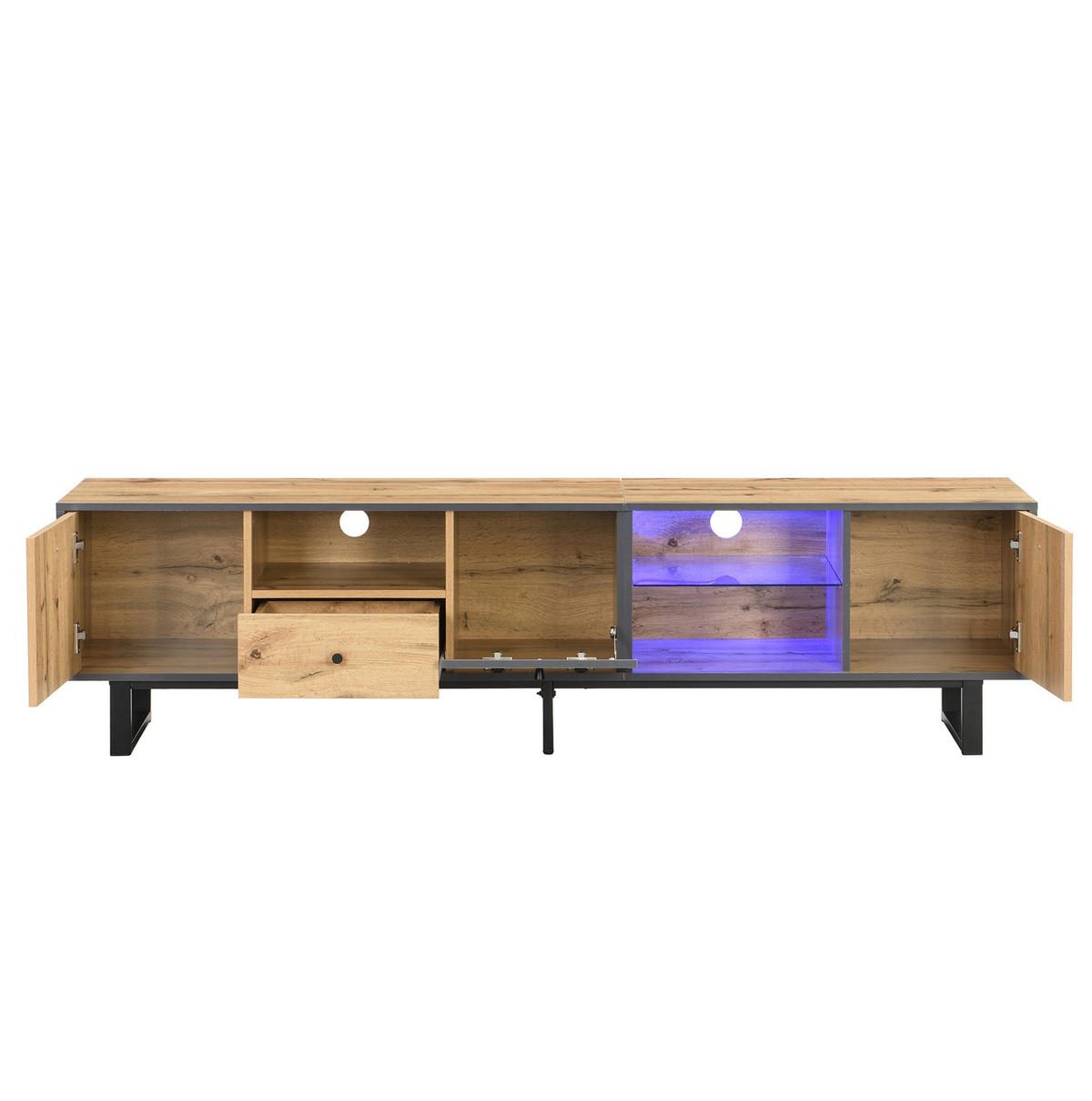 TV ormarić 190/40/50 cm prirodni i antracit od iverice s LED rasvjetom i staklenim policama - prirodne boje, drvni materijal (190/50/40cm) - OKWISH
