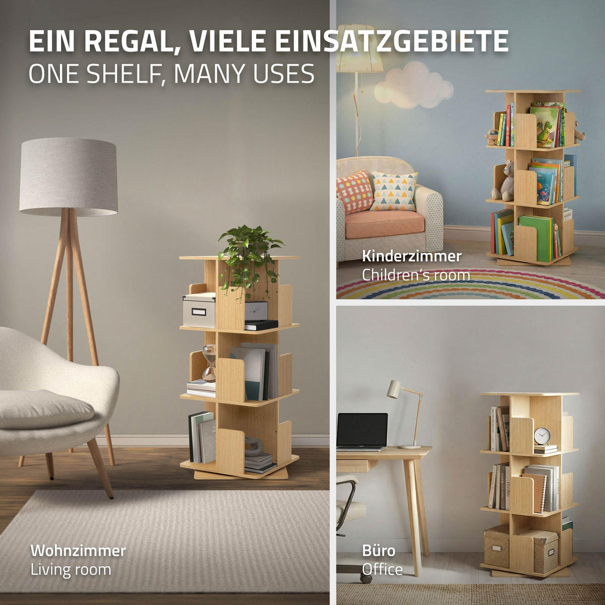 BÜCHERREGAL Kinder mit 3 Ebenen Eiche 40x94x40 cm Drehbar 360 Grad - Beige, Holzwerkstoff (40/94/40cm) - ML-DESIGN