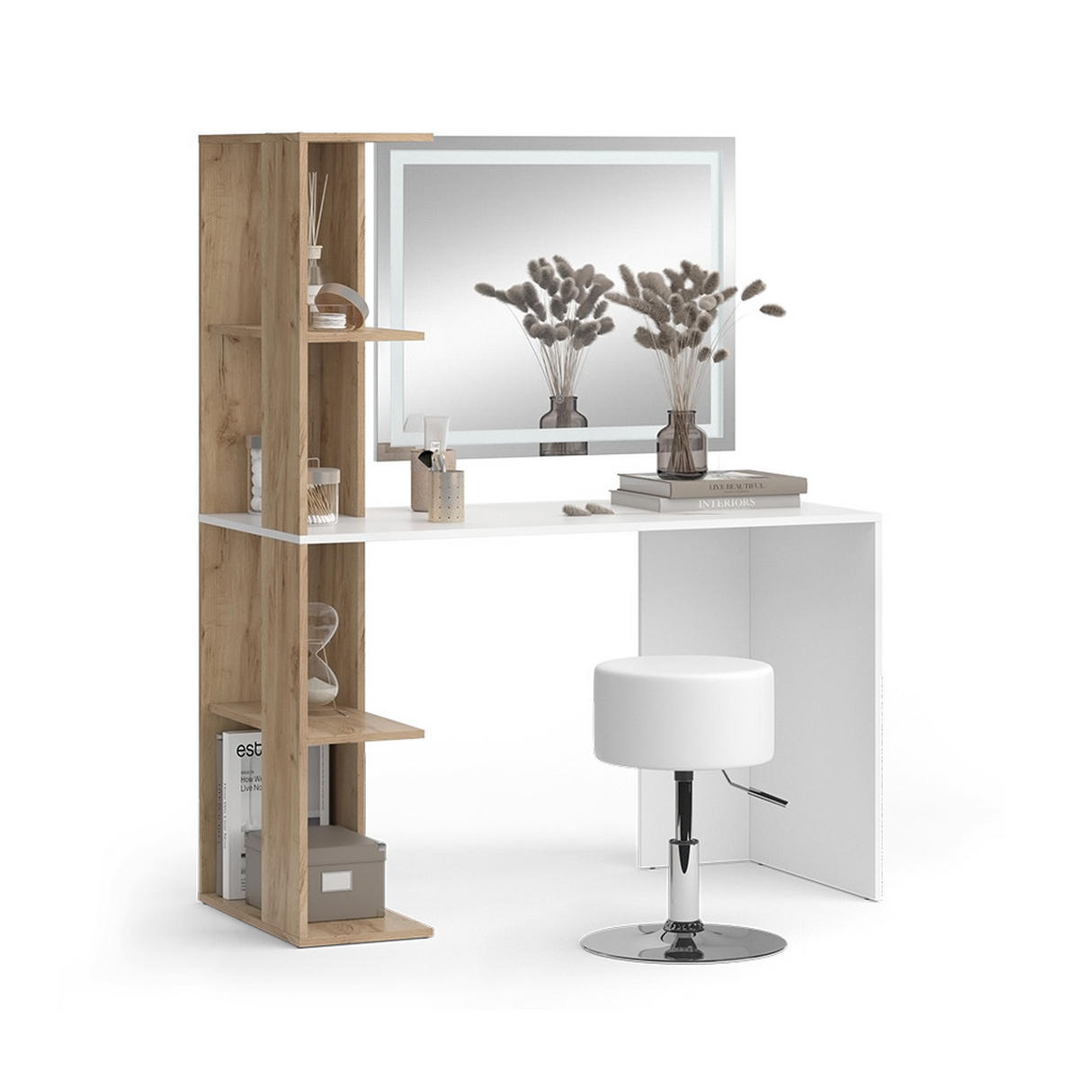 SCHMINKTISCH Tower Weiß/Sonoma 122.2 cm mit LED-Spiegel und Hocker - Weiß/Sonoma Eiche, Holzwerkstoff (122.2/75.8/55.2cm) - Vicco