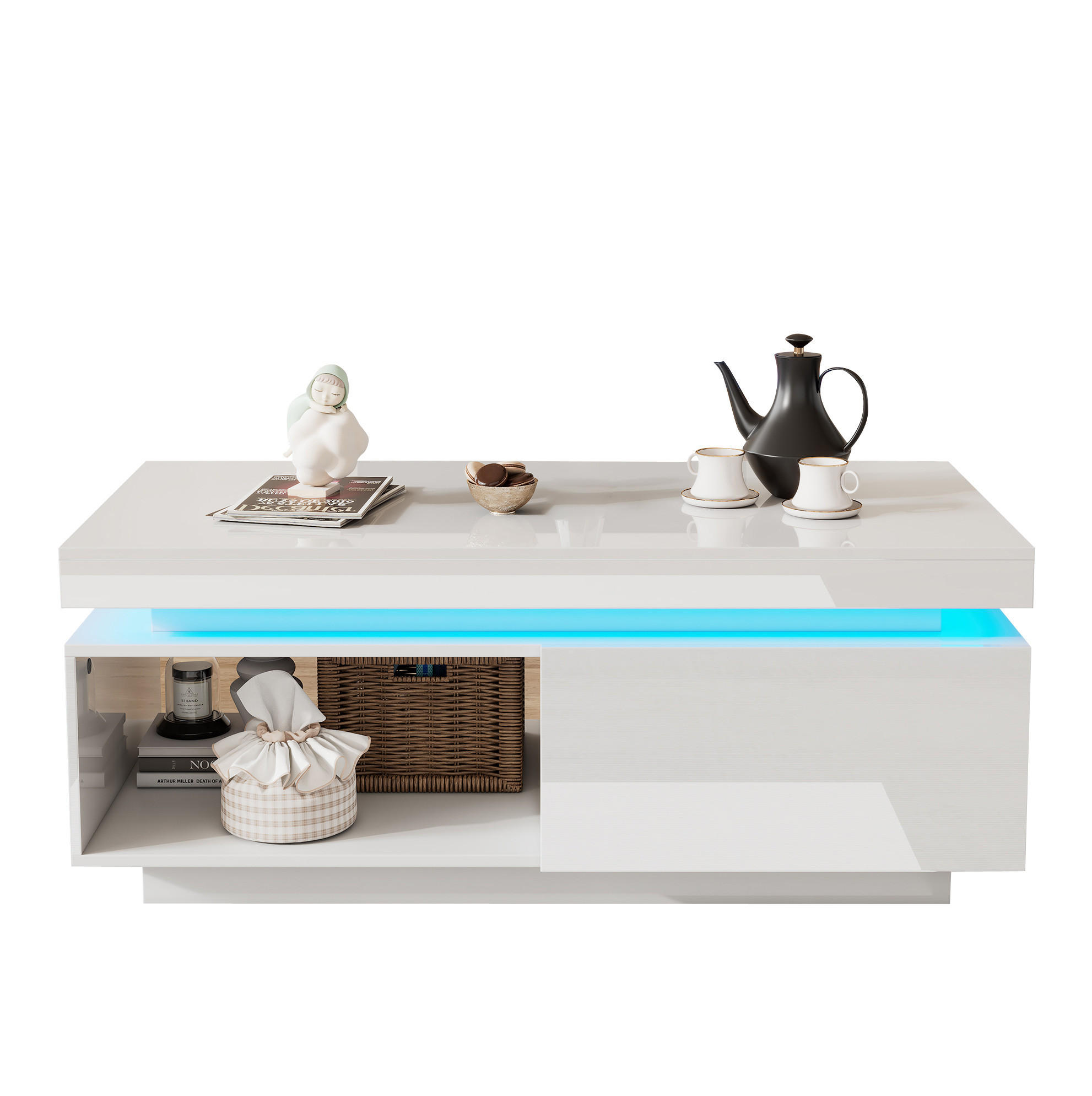 COUCHTISCH 100/50/40,3 cm in Weiß mit LED-Beleuchtung und Schublade - Weiß, Holzwerkstoff (100/50/40.3cm) - Flora Grace