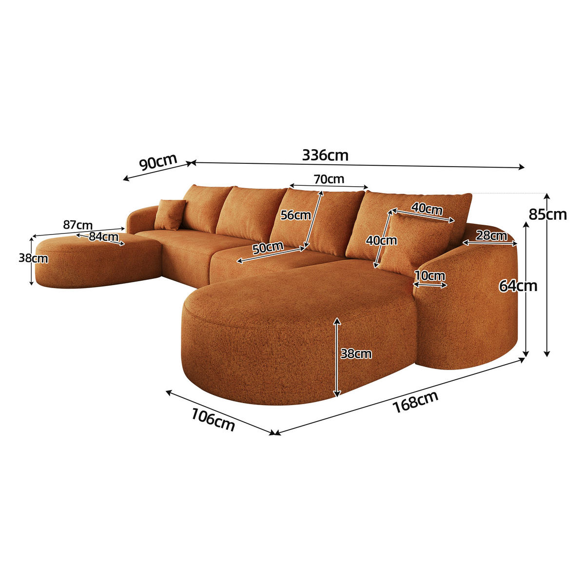 WOHNLANDSCHAFT Rechts, 3-Sitzer U-Form 336 cm ohne Montage, DE-34817, Orange - Orange, Textil (336/85/168cm) - ComfortXL