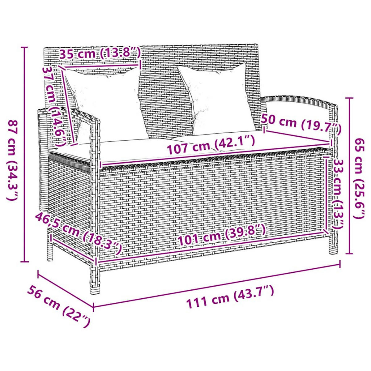 GARTENBANK mit Stauraum und Crème Kissen, 111/56/87 cm, aus PE-Rattan und Stahl, Braun - Braun, Kunststoff (56/87/111cm) - vidaXL