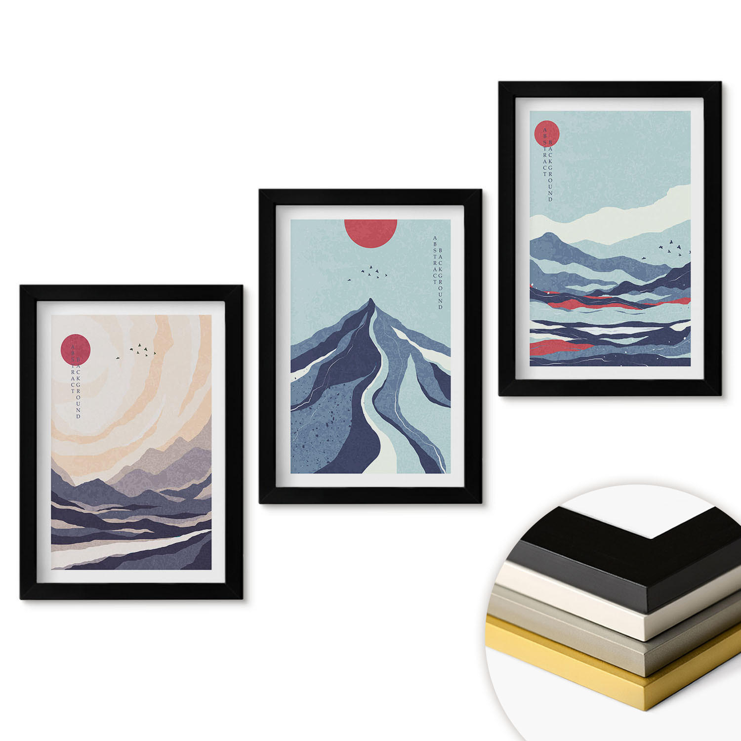 WANDBILDER 3er-Set - 20x30 cm Schwarzer Rahmen - Abstrakte japanische Berge - Schwarz, Kunststoff (20/30cm) - ArtPrintCave