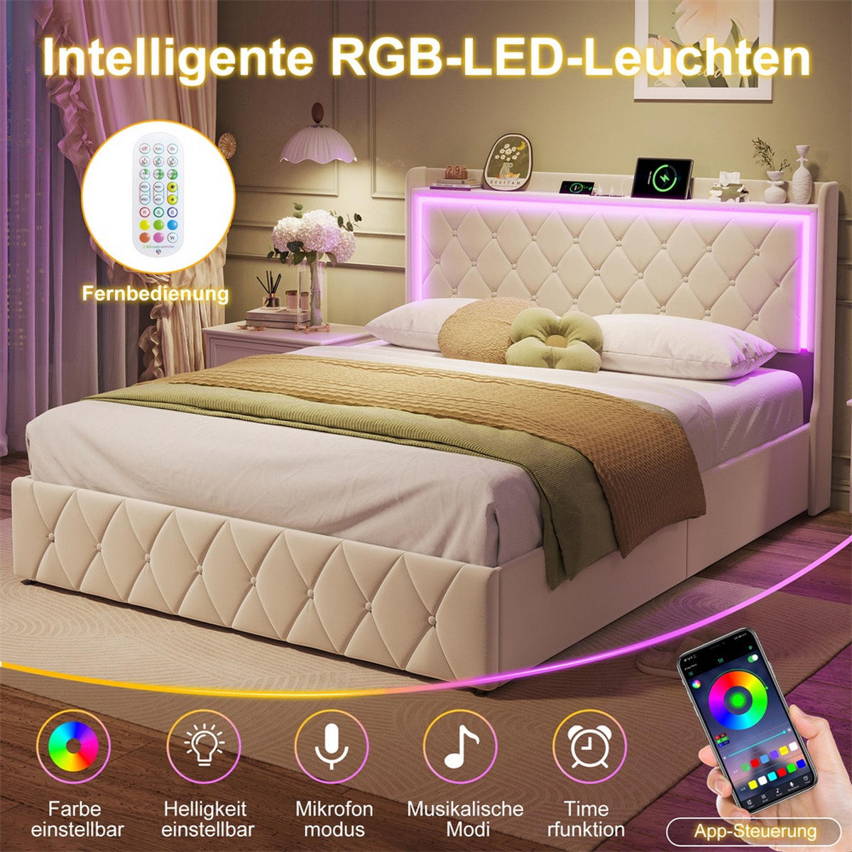 POLSTERBETT 160x200cm mit hydraulischem Stauraum - LED Beleuchtung & Ladefunktion - ohne Matratze - Beige - Beige, Textil (160/200cm) - DELFA