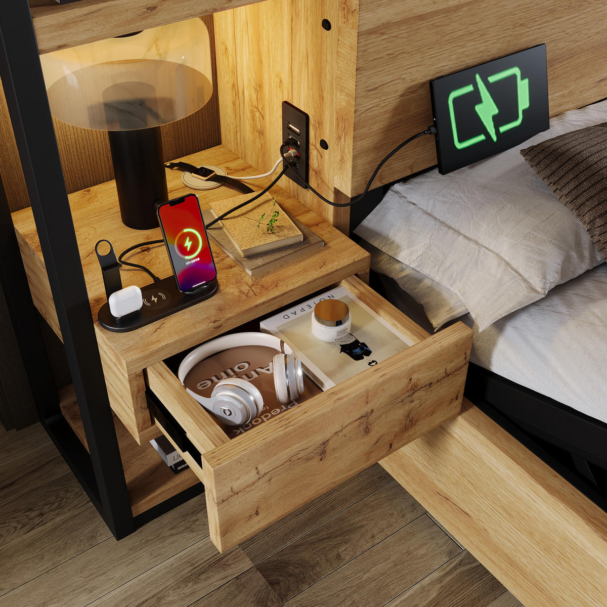 POLSTERBETT 180/200 cm mit USB/Type-C-Ladestation, Bettkasten & Kopfteil-Schubladen, Eiche - Eichefarben, Holzwerkstoff (180/200cm) - Redom