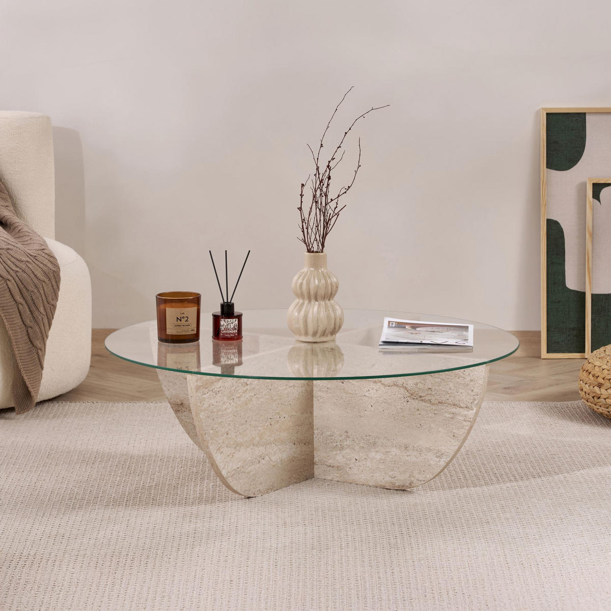 COUCHTISCH Liya Travertin - Beige, Glas (90/90/30cm) - Habitat Garten