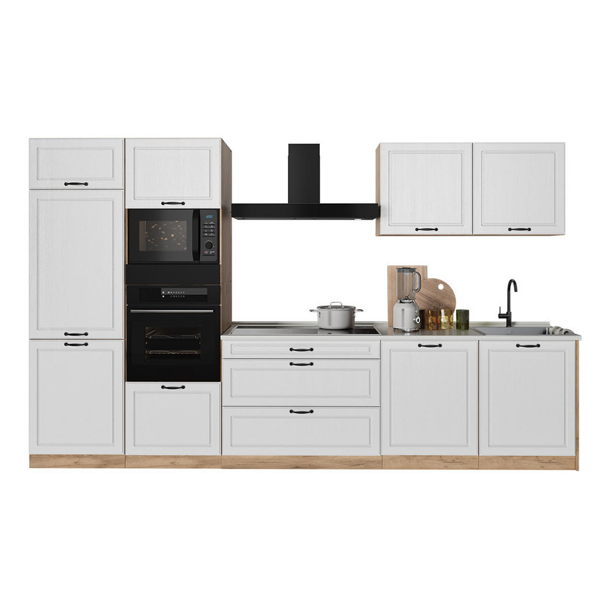 KÜCHENZEILE R-Line, Weiß Landhaus/Goldkraft Eiche, 340 cm Arbeitsplatte Anthrazit - Eichefarben/Weiß, Holzwerkstoff (340/206.8/60cm) - Vicco