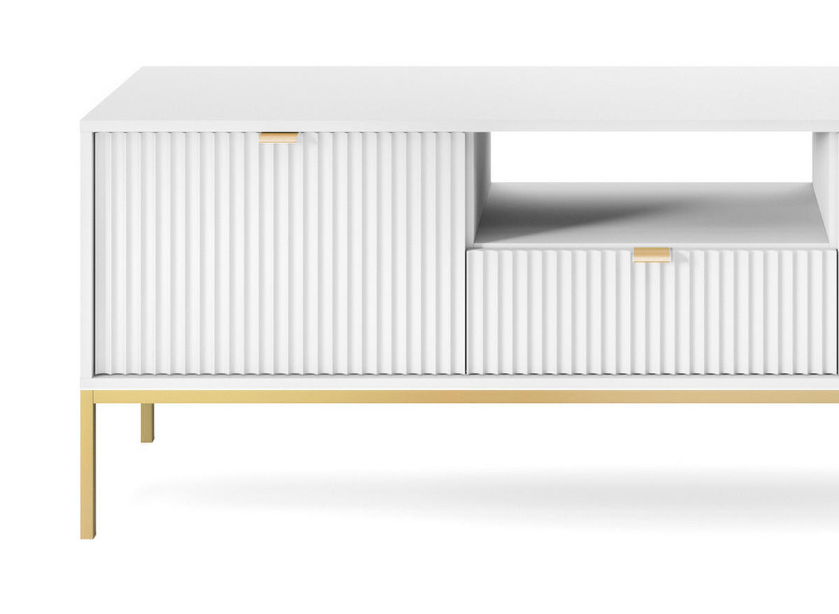 TV-SCHRANK NOVA Geriffelt Regal, 2 Türen, Schublade, Goldene Beine, 154x39x56cm, Weiß - Goldfarben/Weiß, Holzwerkstoff/Kunststoff (154/56/39cm) - DomoHome