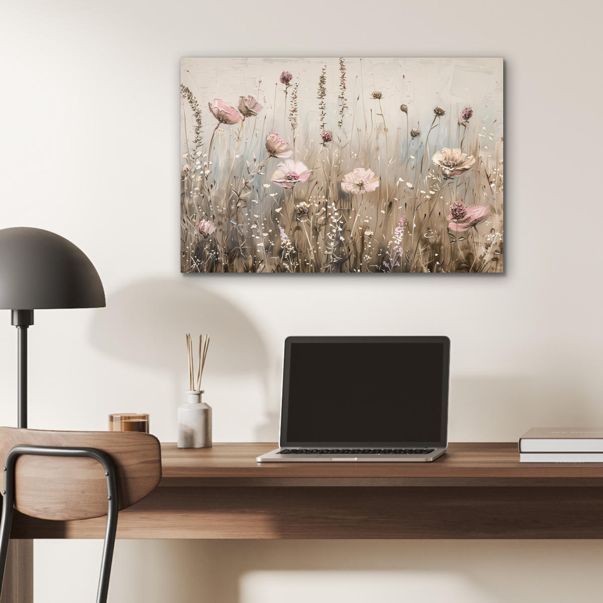 METALLBILD Blumen - Rosa - Modern - Beige 60x40 cm - Beige, Metall (60/40cm) - MuchoWow