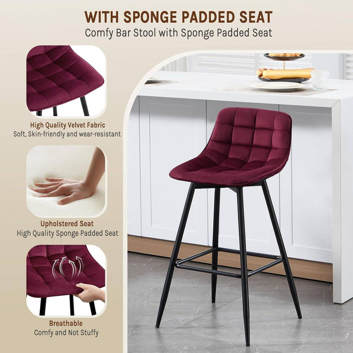 BARHOCKER 4er Set, Fußstütze, Samt, Bordeaux - Bordeaux/Schwarz, Textil/Metall (43/88/35.5cm) - Woltu