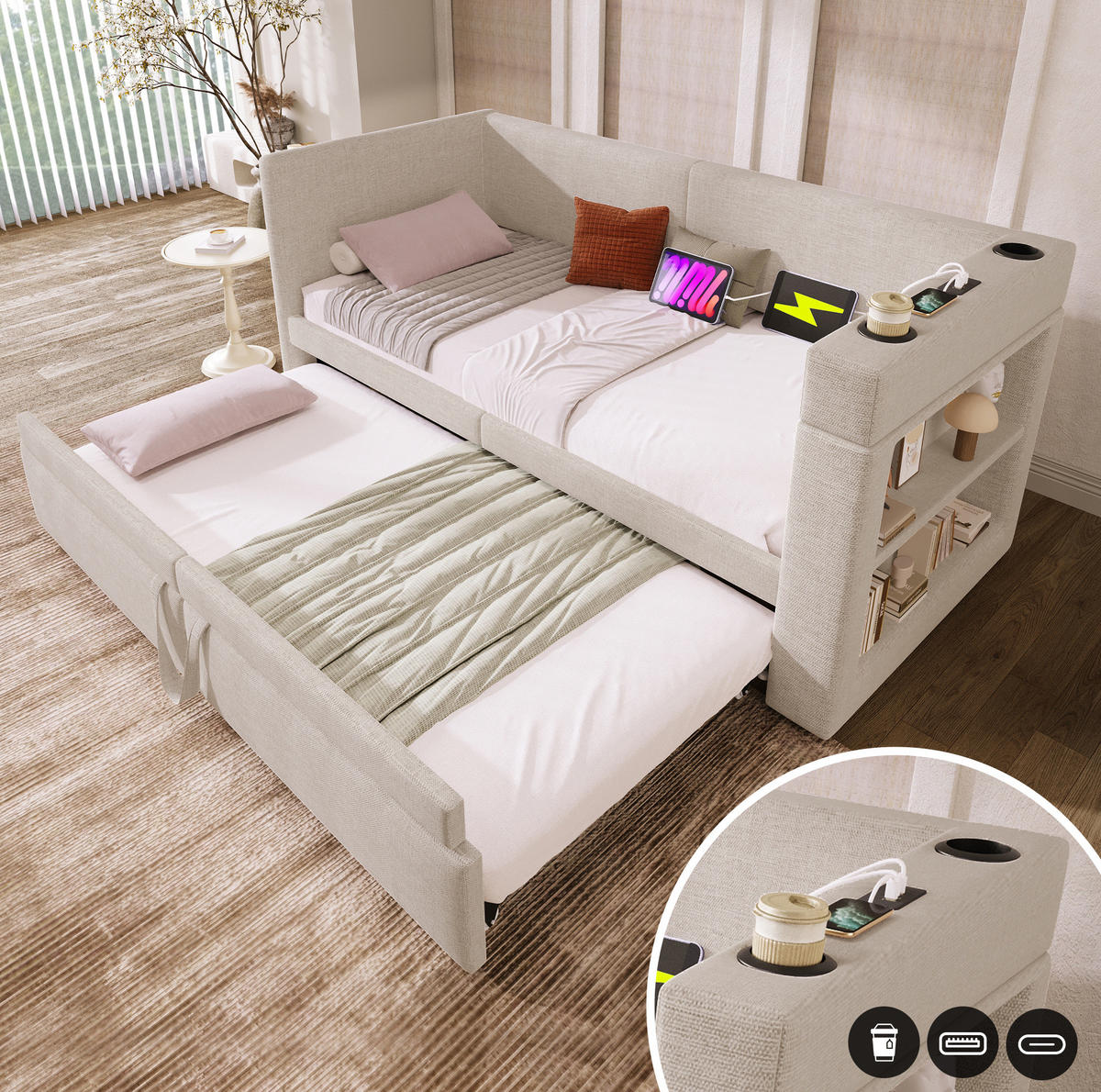 POLSTERBETT 90/180x200 cm Beige mit USB- und Type-C-Anschlüssen - Beige, Textil (90/200cm) - Flora Grace