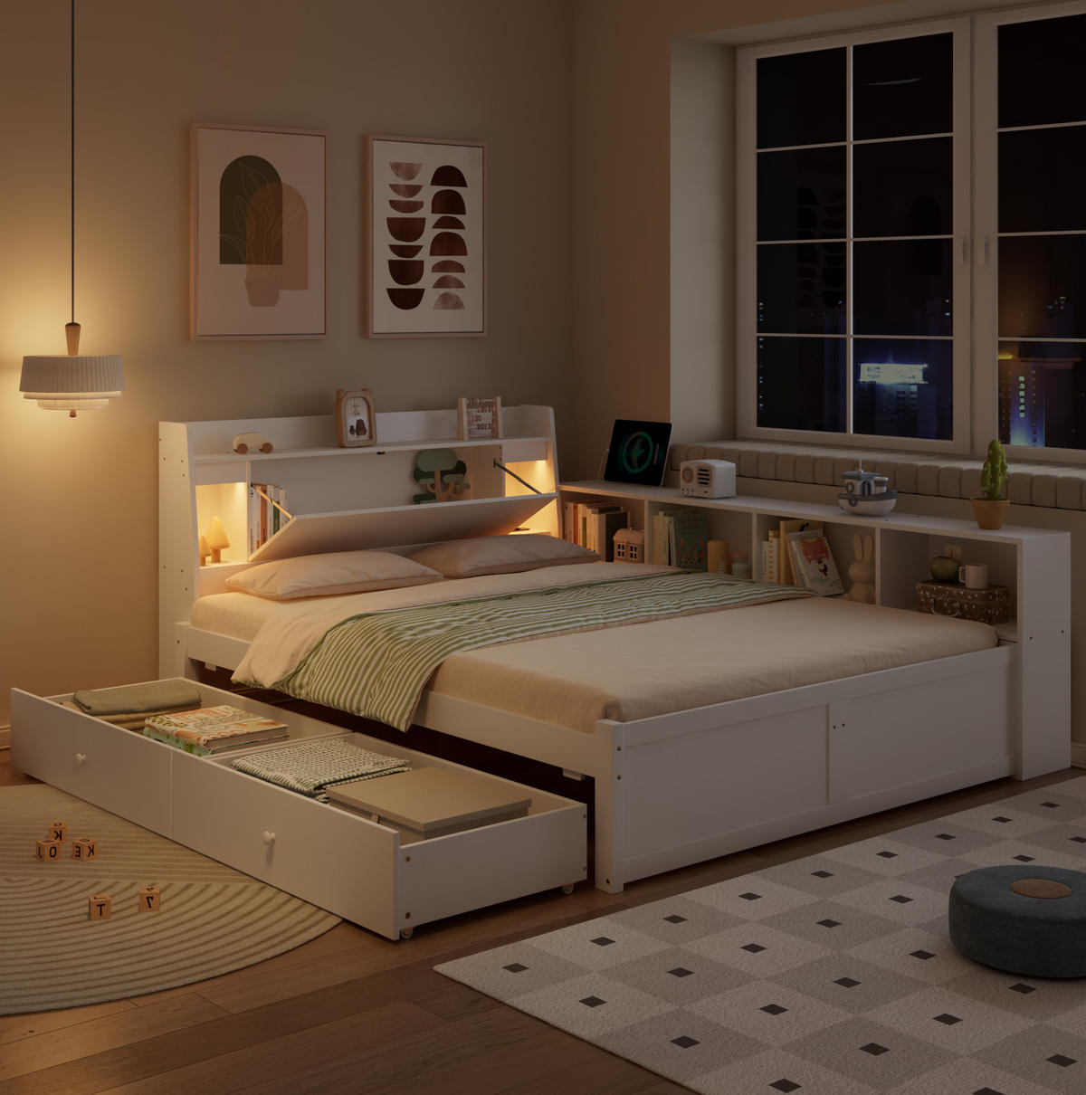 BETT 140/200 cm Weiß aus Kiefer, Spanplatte und MDF mit Stauraum und Ladebuchse - Weiß, Holz (140/200cm) - OKMYHOME