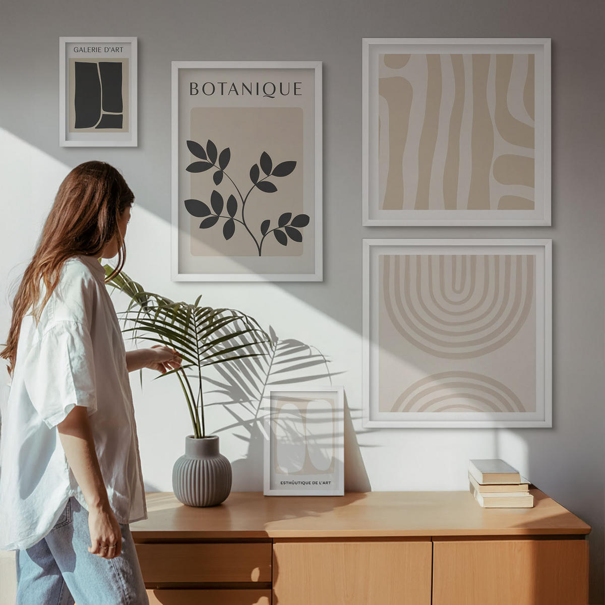 WANDBILDER 5er-Set - 50x50 cm & 20x30 cm & 40x60 cm Weißer Rahmen - Boho-Pflanzenposter - Weiß, Kunststoff (40/60cm) - ArtPrintCave