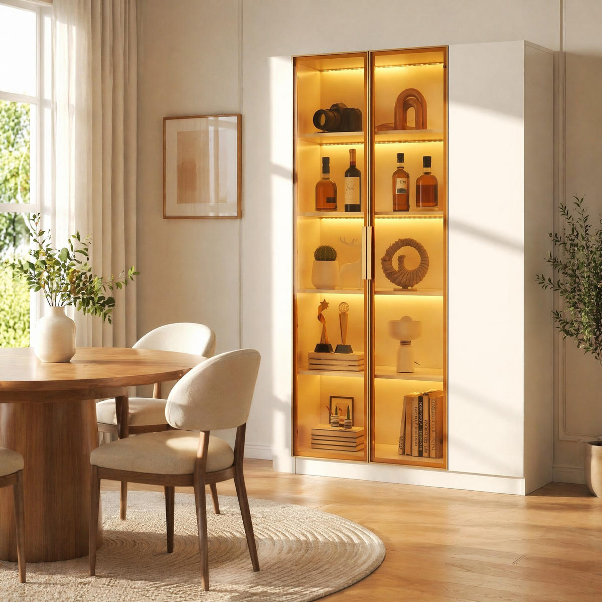 VITRINE in Weiß Highboard mit LED-Beleuchtung, Sicherheitsglas,verstellbaren Einlegeböden und Kippschutz,B110/T35/H165cm - Weiß, Glas/Holzwerkstoff (110/165/35cm) - STILVORA